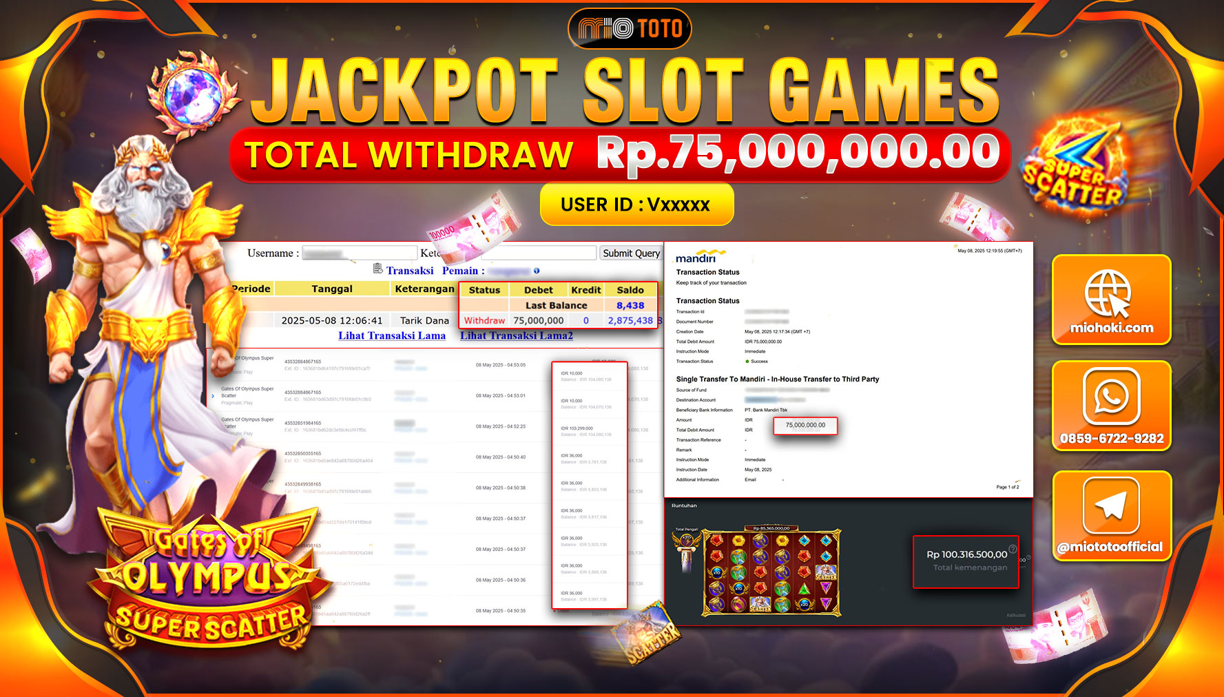 JACKPOT SLOT GATES OF OLYMPUS SUPER SCATTER Rp.75,000,000 DI BAYAR TUNAI !!!