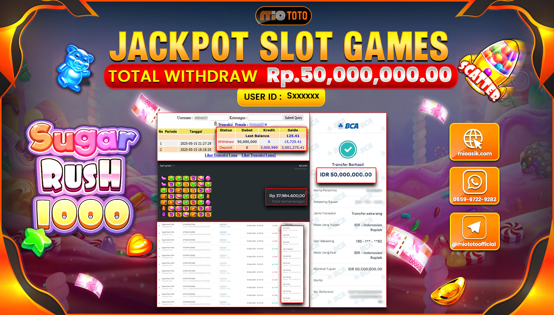 JACKPOT SLOT SUGAR RUSH 1000 Rp.50,000,000 DI BAYAR TUNAI !!!