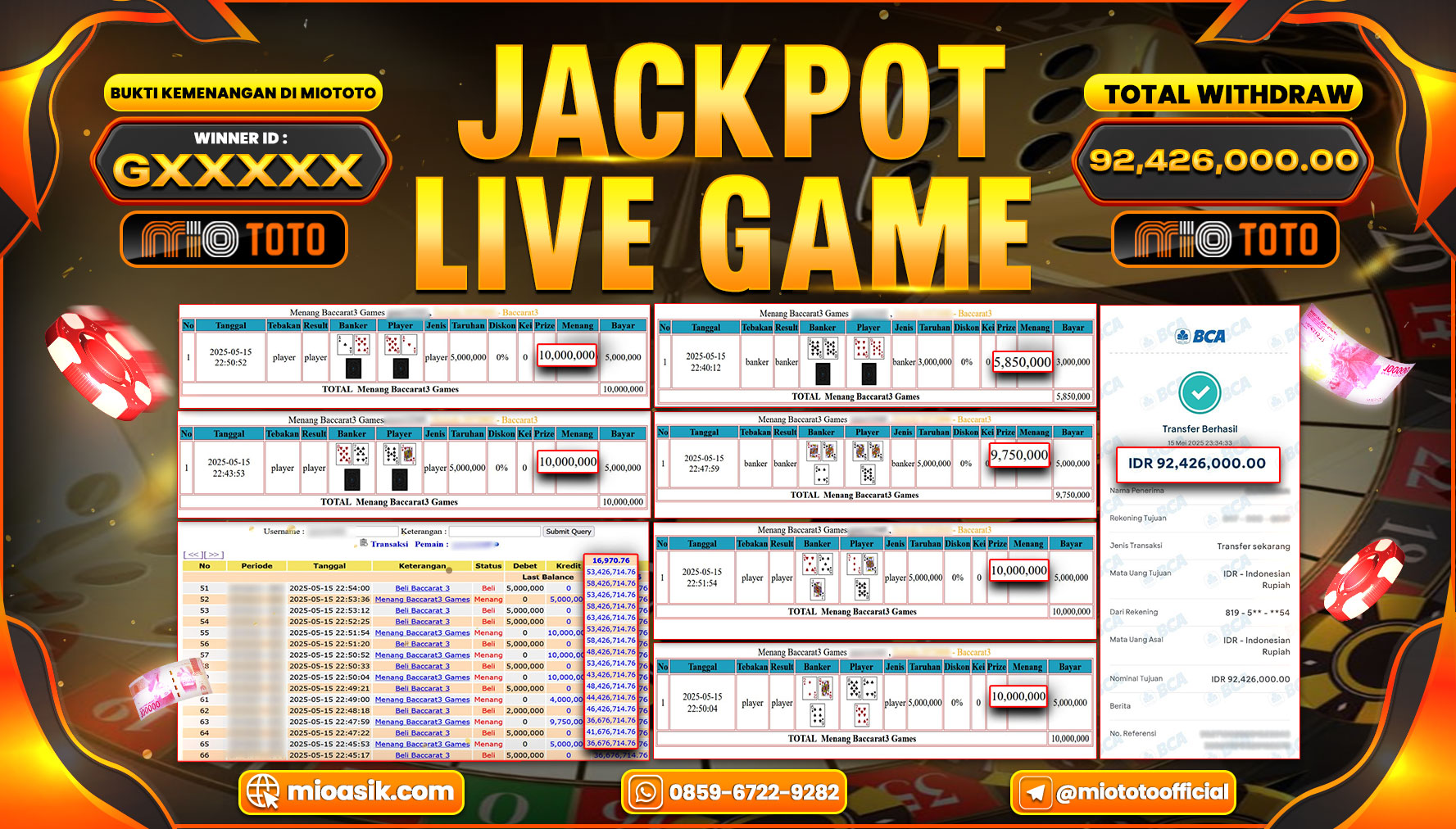 JACKPOT LIVE GAME BACCARAT 3 Rp.92,426,000 DI BAYAR TUNAI !!!