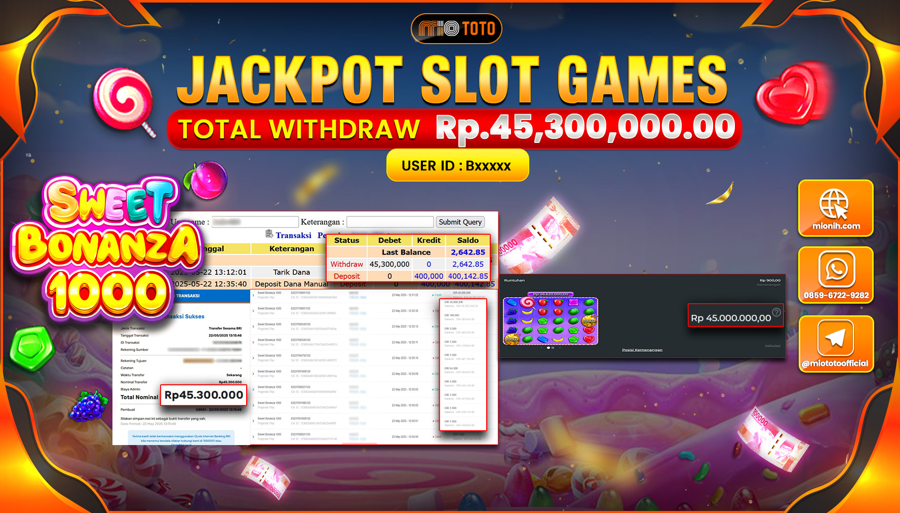 JACKPOT SLOT SWEET BONANZA 1000  Rp.45,300,000 DI BAYAR TUNAI !!!