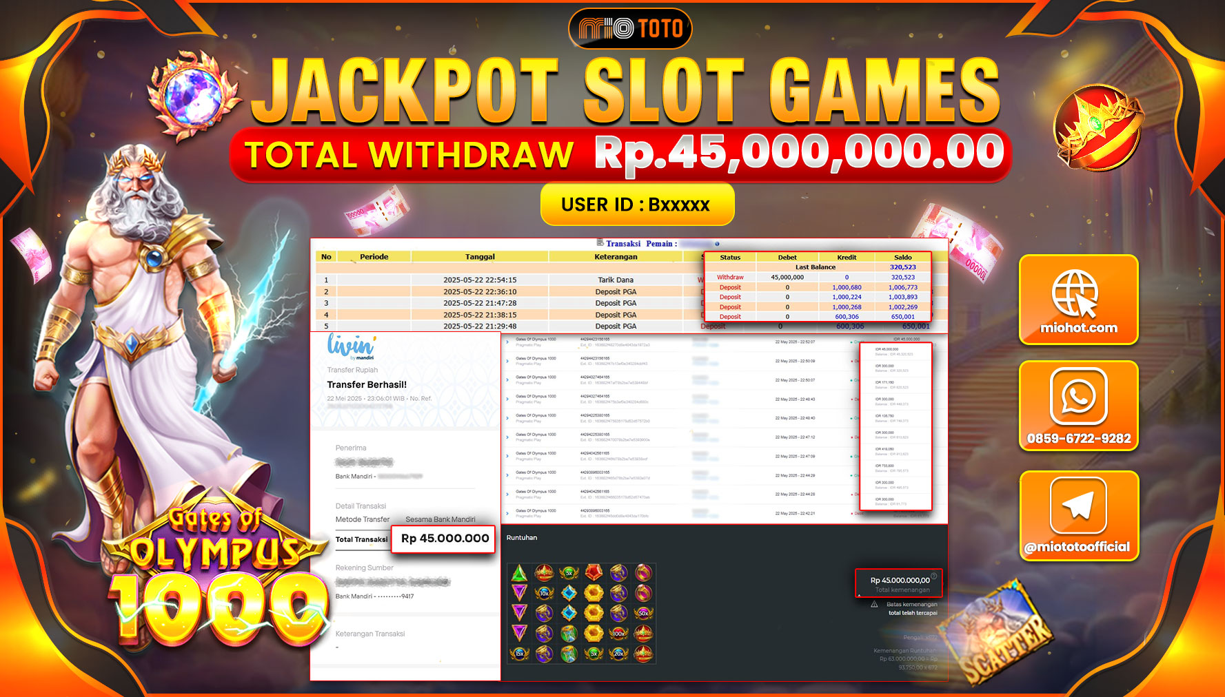 JACKPOT SLOT GATES OF OLYMPUS 1000  Rp.45,000,000 DI BAYAR TUNAI !!!