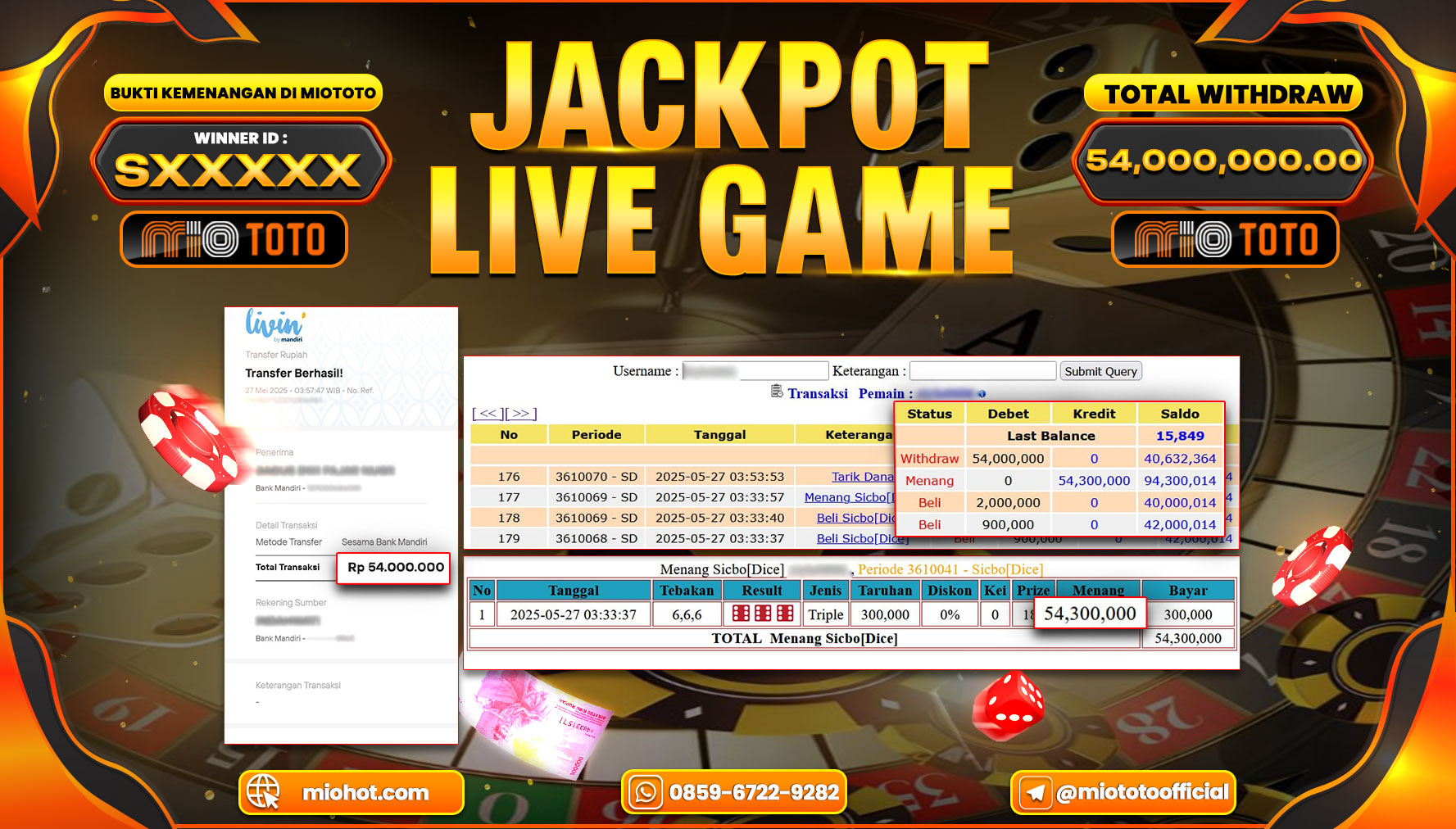 JACKPOT LIVE GAME SICBO DICE Rp.54,000,000 DI BAYAR TUNAI !!!