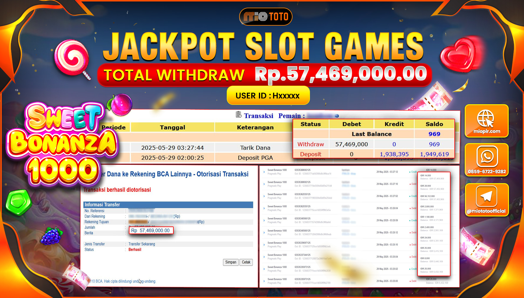 JACKPOT SLOT SWEET BONANZA 1000 Rp.57,469,000 DI BAYAR TUNAI !!!