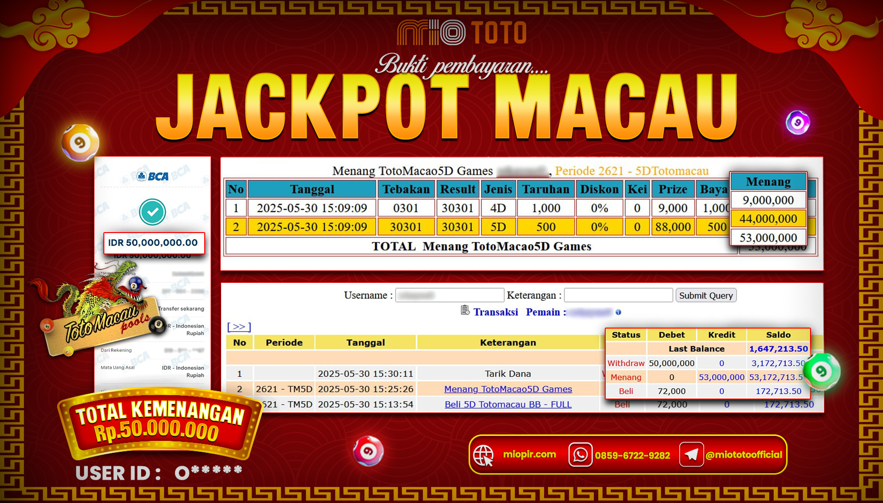 JACKPOT TOGEL TOTO MACAU 5D POOLS Rp.50,000,000 DI BAYAR TUNAI !!!