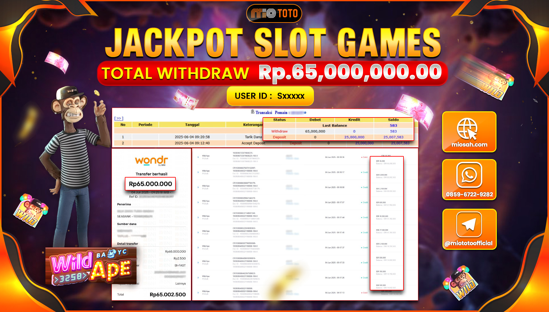 JACKPOT SLOT WILD APE Rp.65,000,000 DI BAYAR TUNAI !!!