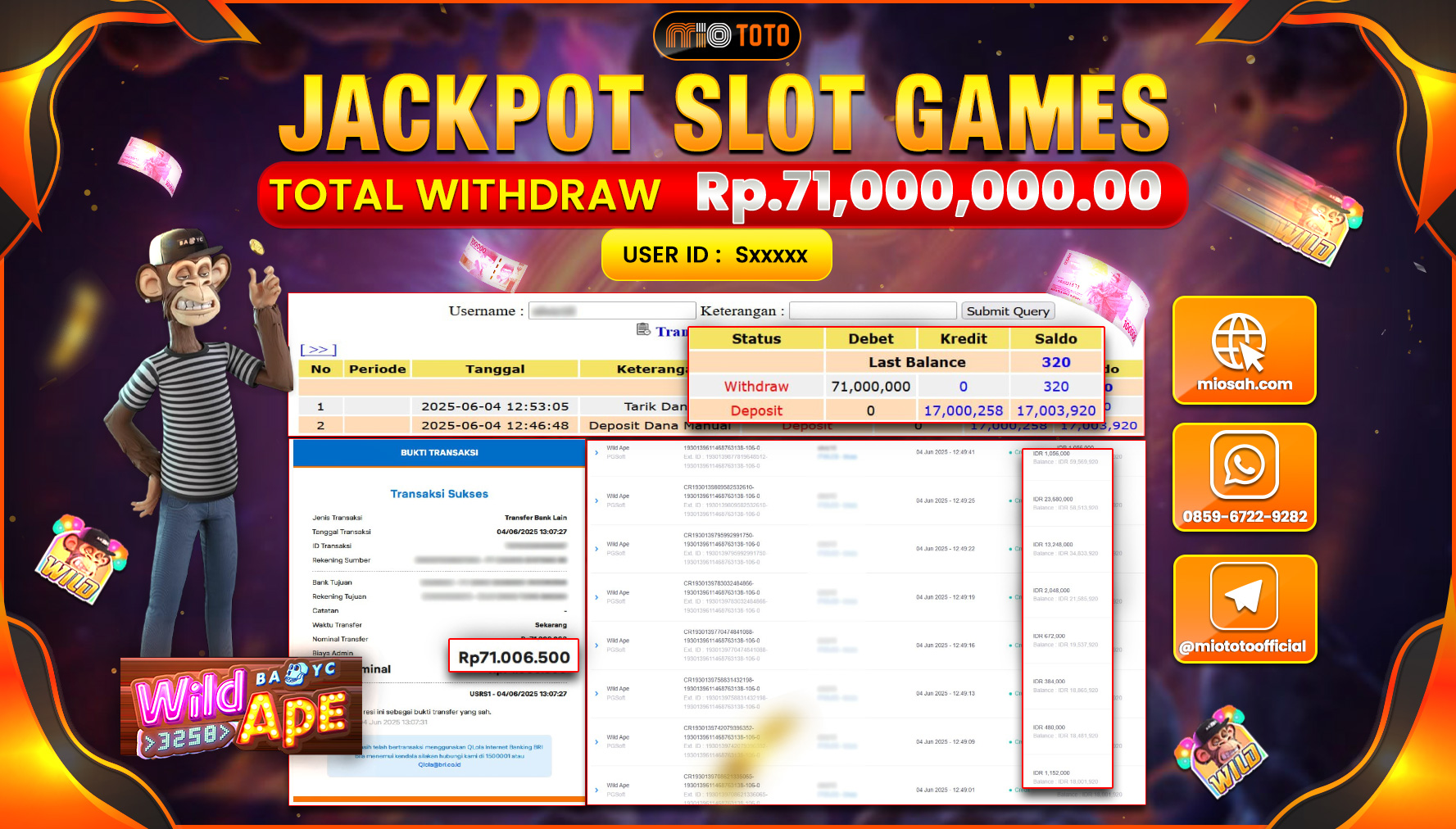 JACKPOT SLOT WILD APE Rp.71,000,000 DI BAYAR TUNAI !!!