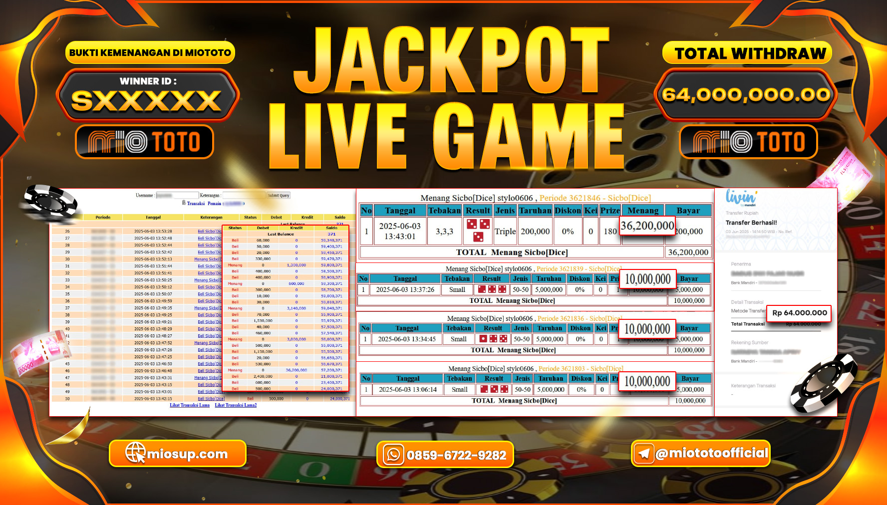 JACKPOT LIVE GAME SICBO DICE Rp.64,000,000 DI BAYAR TUNAI !!!