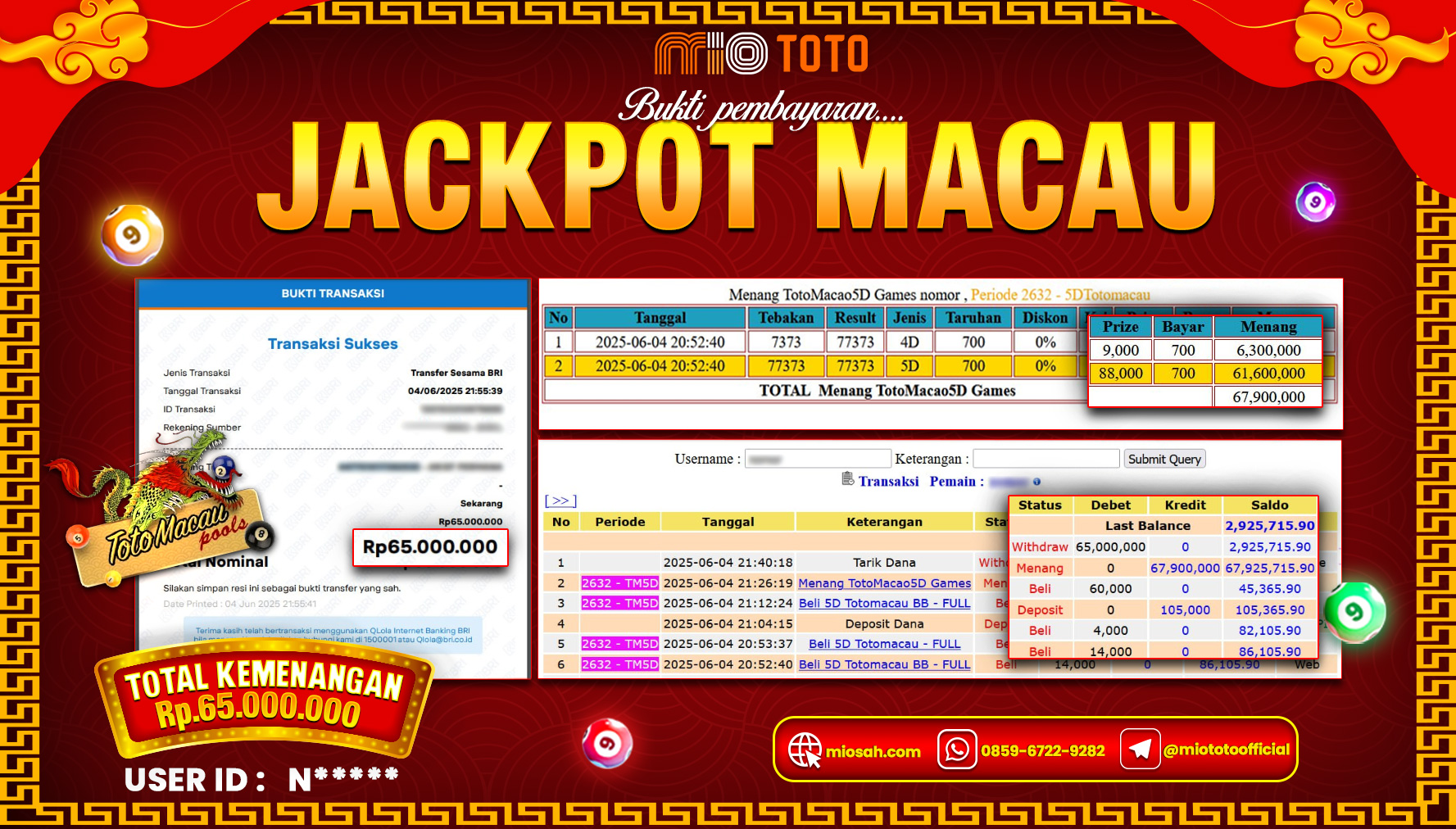 JACKPOT TOGEL TOTO MACAU 5D POOLS Rp.65,000,000 DI BAYAR TUNAI !!!