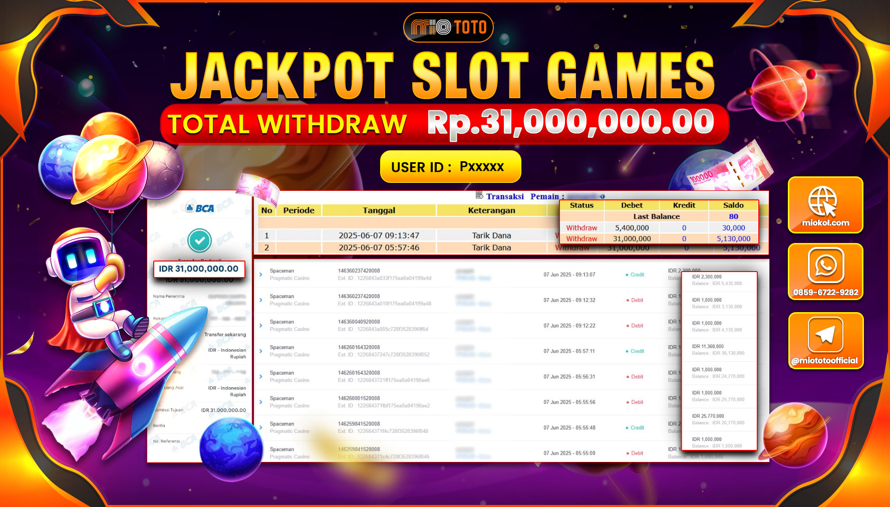 JACKPOT SLOT SPACEMAN  Rp.31,000,000 DI BAYAR TUNAI !!!