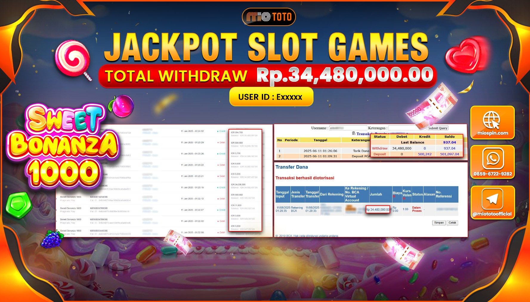 JACKPOT SLOT SWEET BONANZA 1000 Rp.34,480,000 DI BAYAR TUNAI !!!