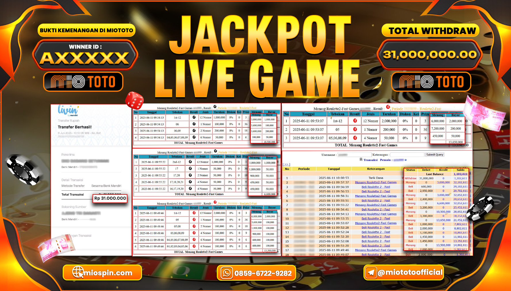 JACKPOT LIVE GAME ROULETTE 2 Rp.31,000,000 DI BAYAR TUNAI !!!