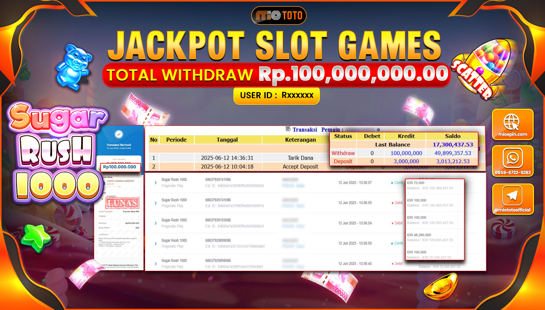 JACKPOT SLOT SUGAR RUSH 1000 Rp.100,000,000 DI BAYAR TUNAI !!!