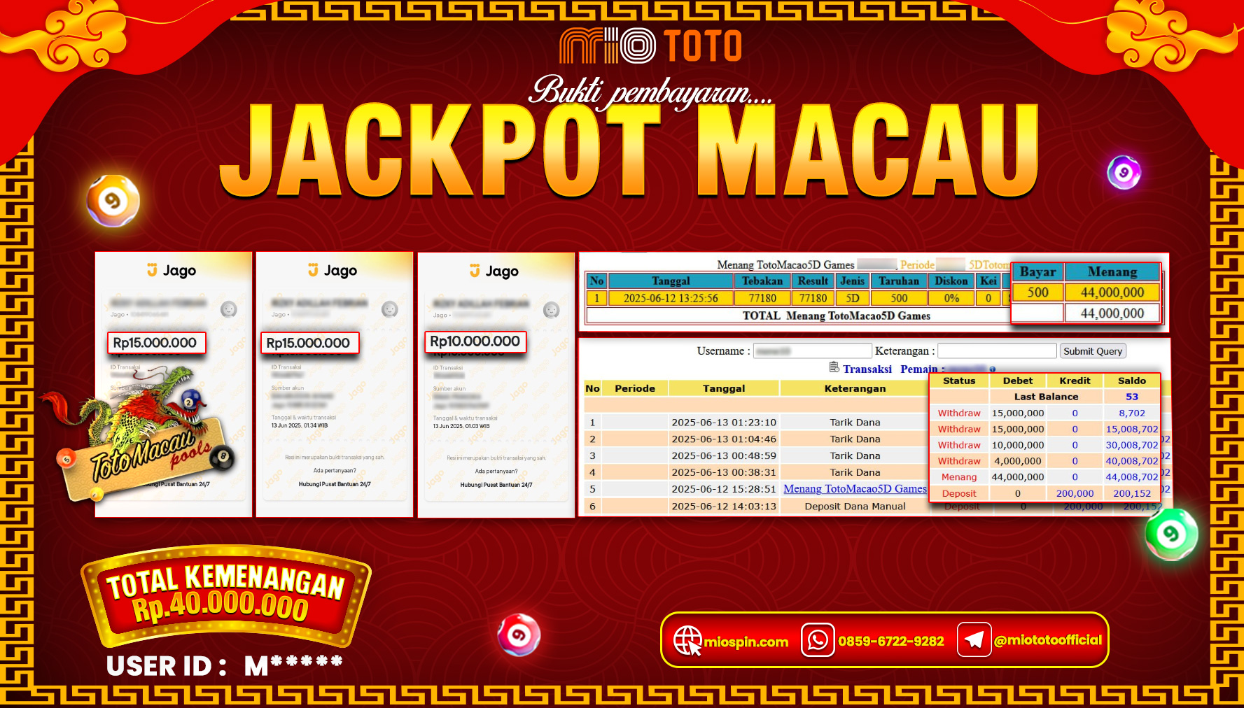 JACKPOT TOGEL TOTO MACAU 5D POOLS Rp.40,000,000 DI BAYAR TUNAI !!!