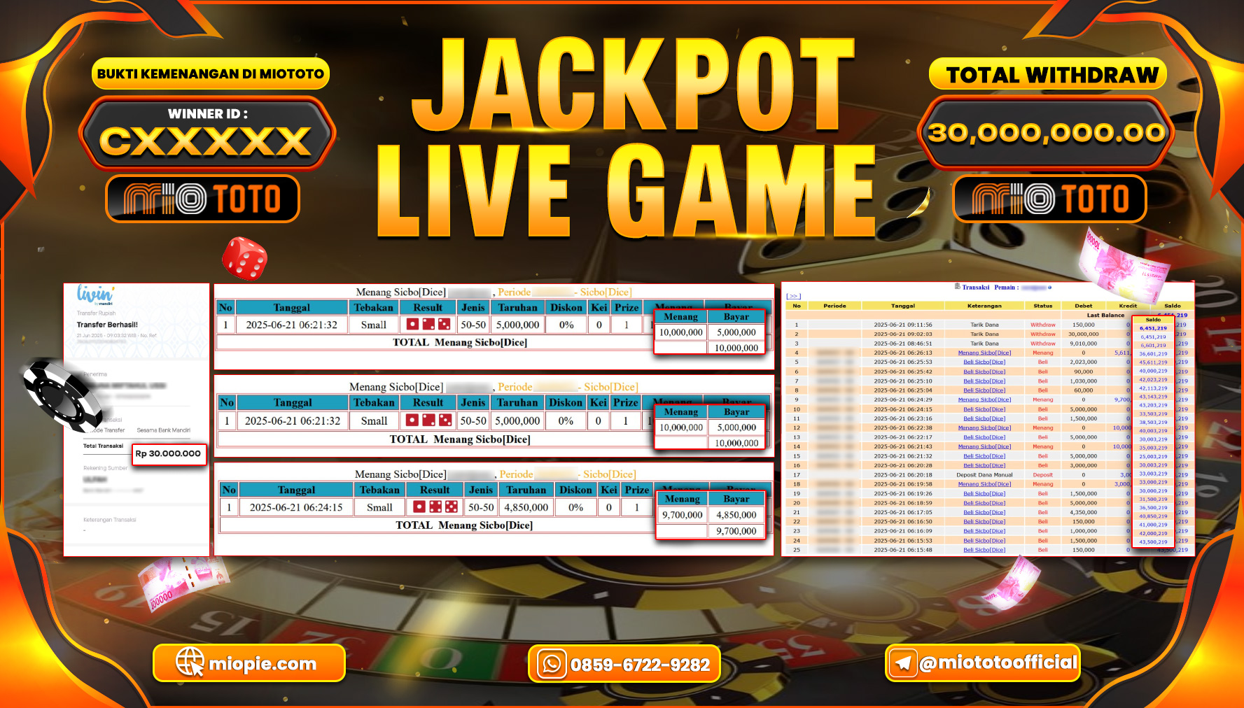 JACKPOT LIVE GAME SICBO DICE Rp.30,000,000 DI BAYAR TUNAI !!!