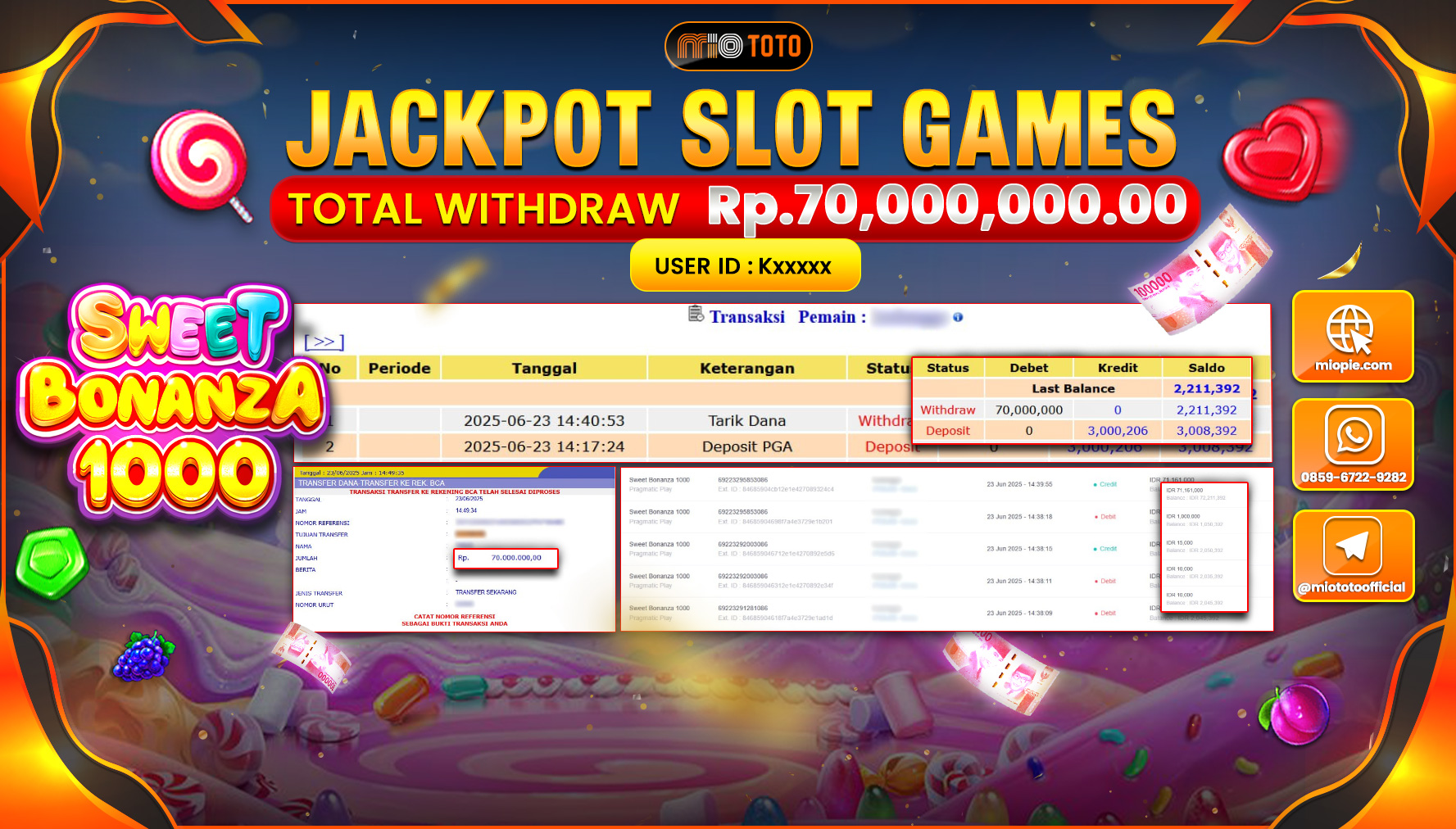 JACKPOT SLOT SWEET BONANZA 1000 Rp.70,00,000 DI BAYAR TUNAI !!!
