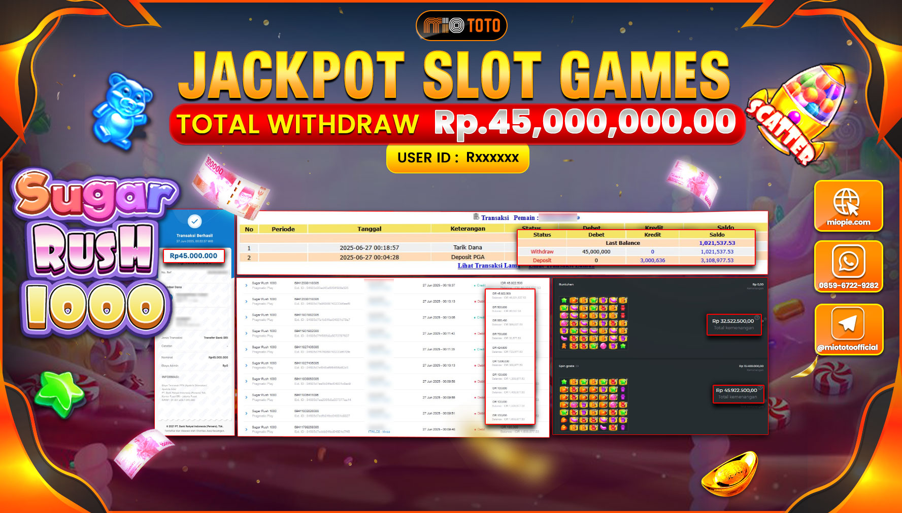 JACKPOT SLOT SUGAR RUSH 1000 Rp.45,000,000 DI BAYAR TUNAI !!!