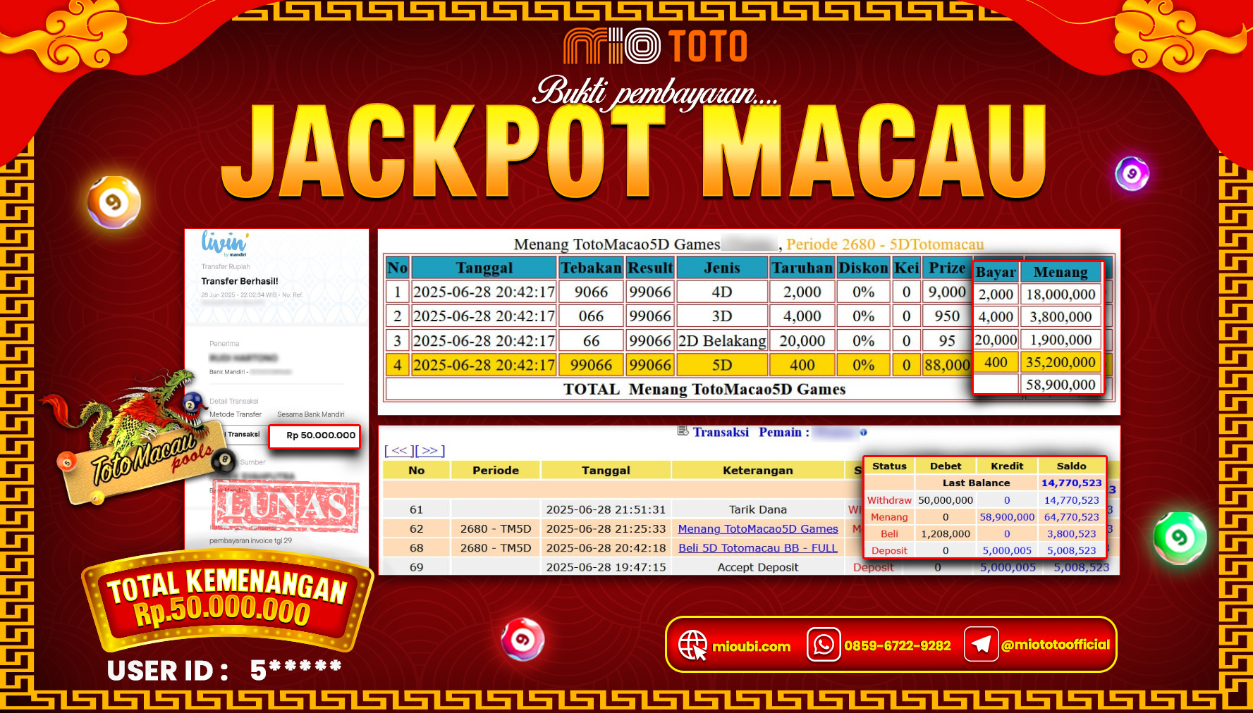 JACKPOT TOGEL TOTO MACAU 5D POOLS Rp.50,000,000 DI BAYAR TUNAI !!!