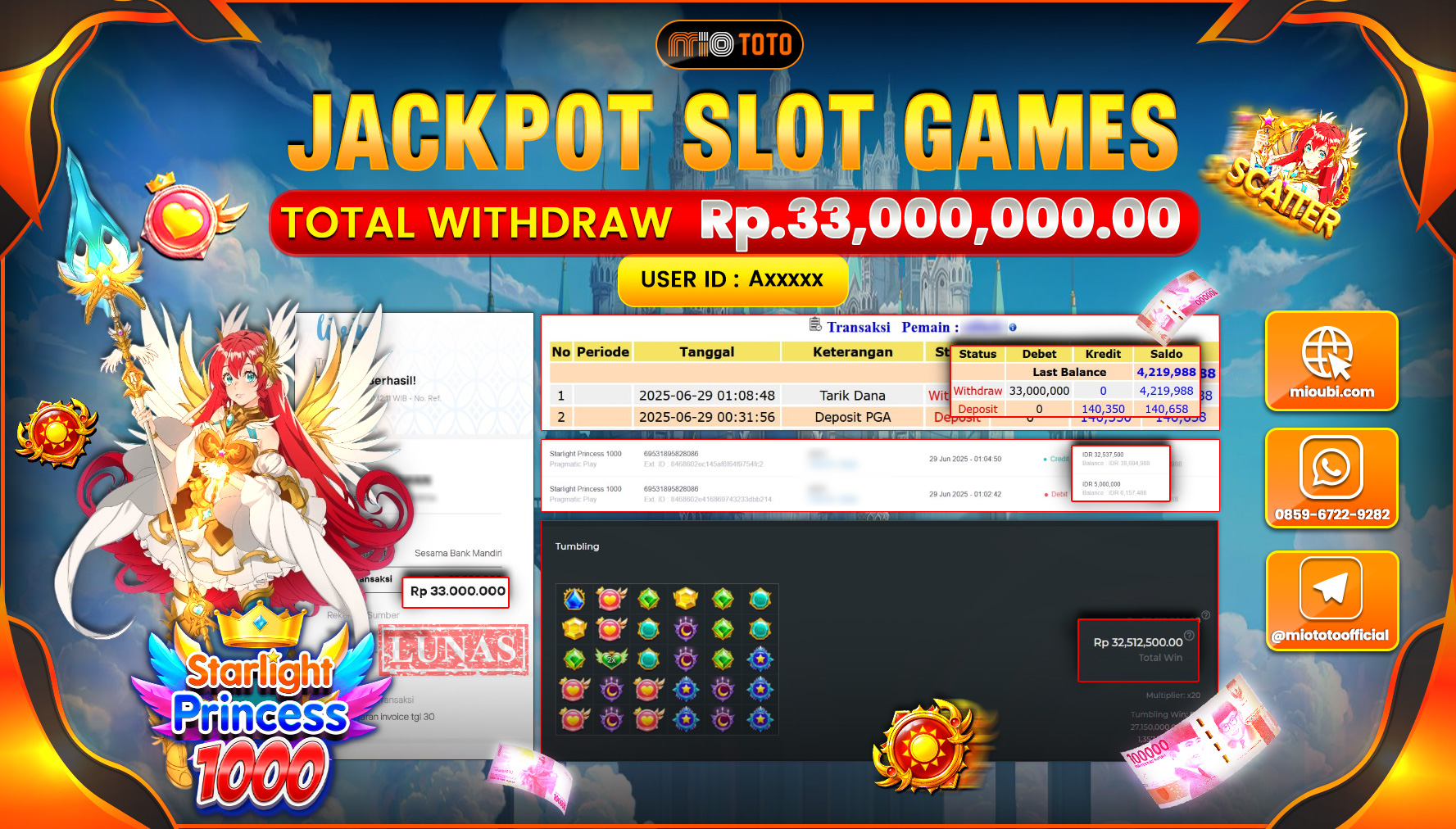JACKPOT SLOT STARLIGHT PRINCESS 1000 Rp.33,000,000 DI BAYAR TUNAI !!!