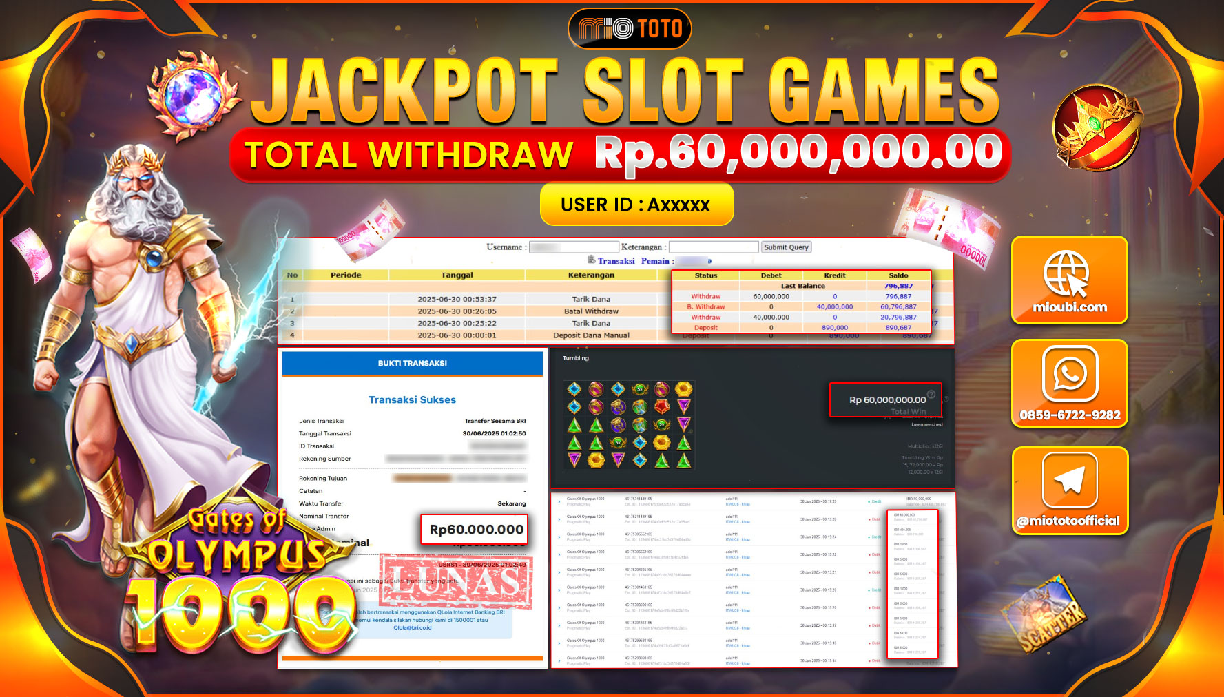 JACKPOT SLOT GATES OF OLYMPUS 1000 Rp.60,000,000 DI BAYAR TUNAI !!!