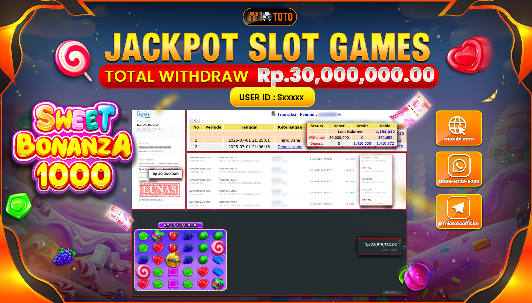 JACKPOT SLOT SWEET BONANZA 1000 Rp.30,000,000 DI BAYAR TUNAI !!!