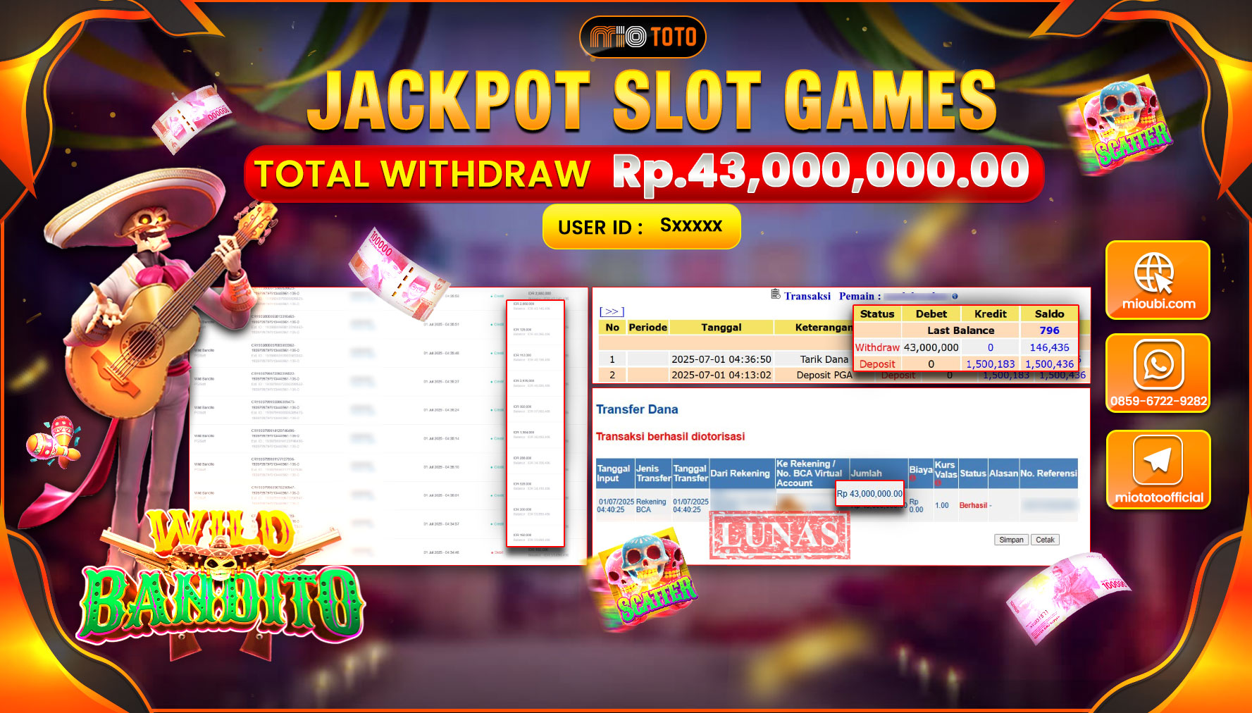 JACKPOT SLOT WILD BANDITO Rp43,000,000 DI BAYAR TUNAI !!!