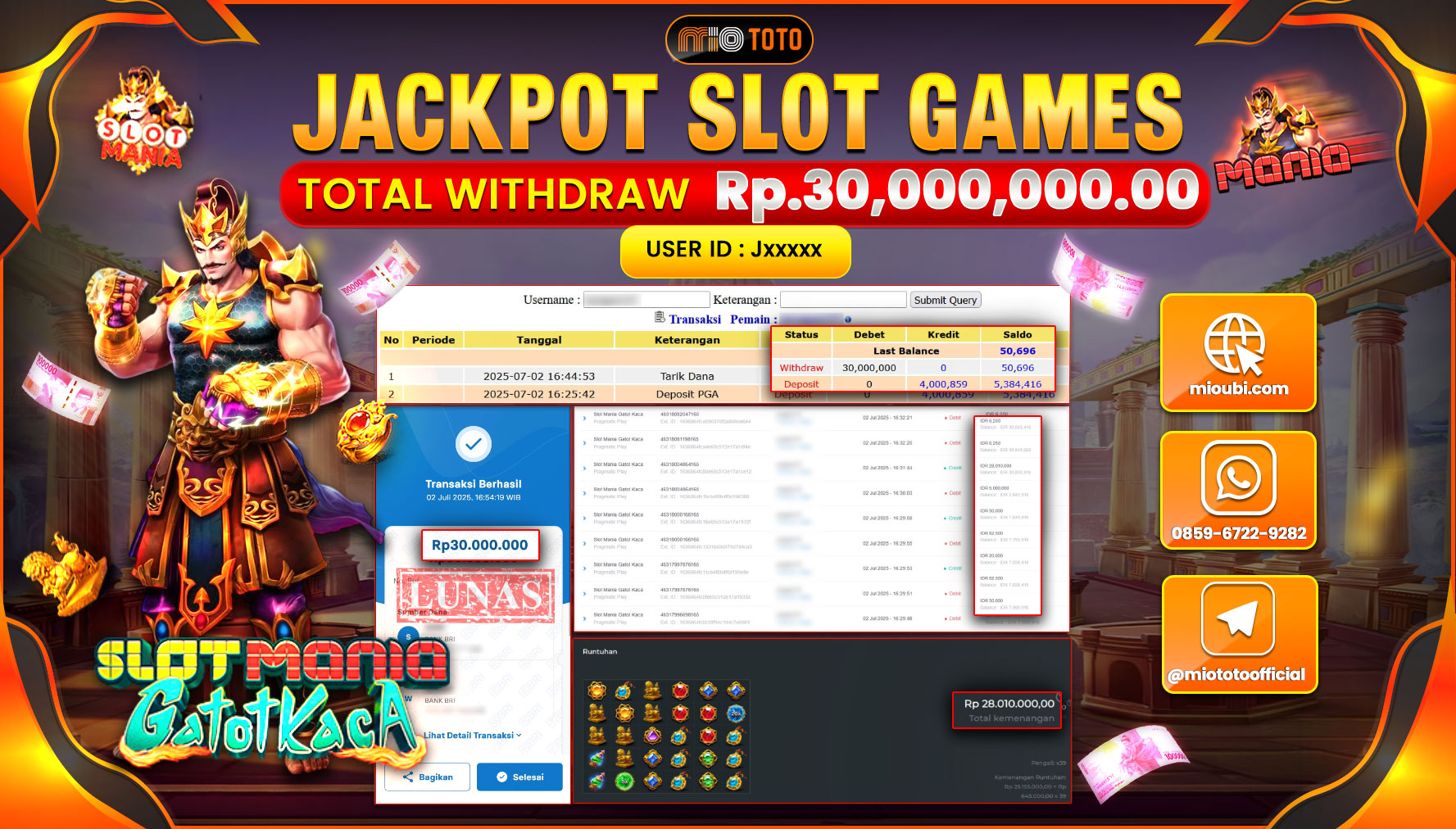 JACKPOT SLOT MANIA GATOT KACA  Rp.30,000,000 DI BAYAR TUNAI !!!