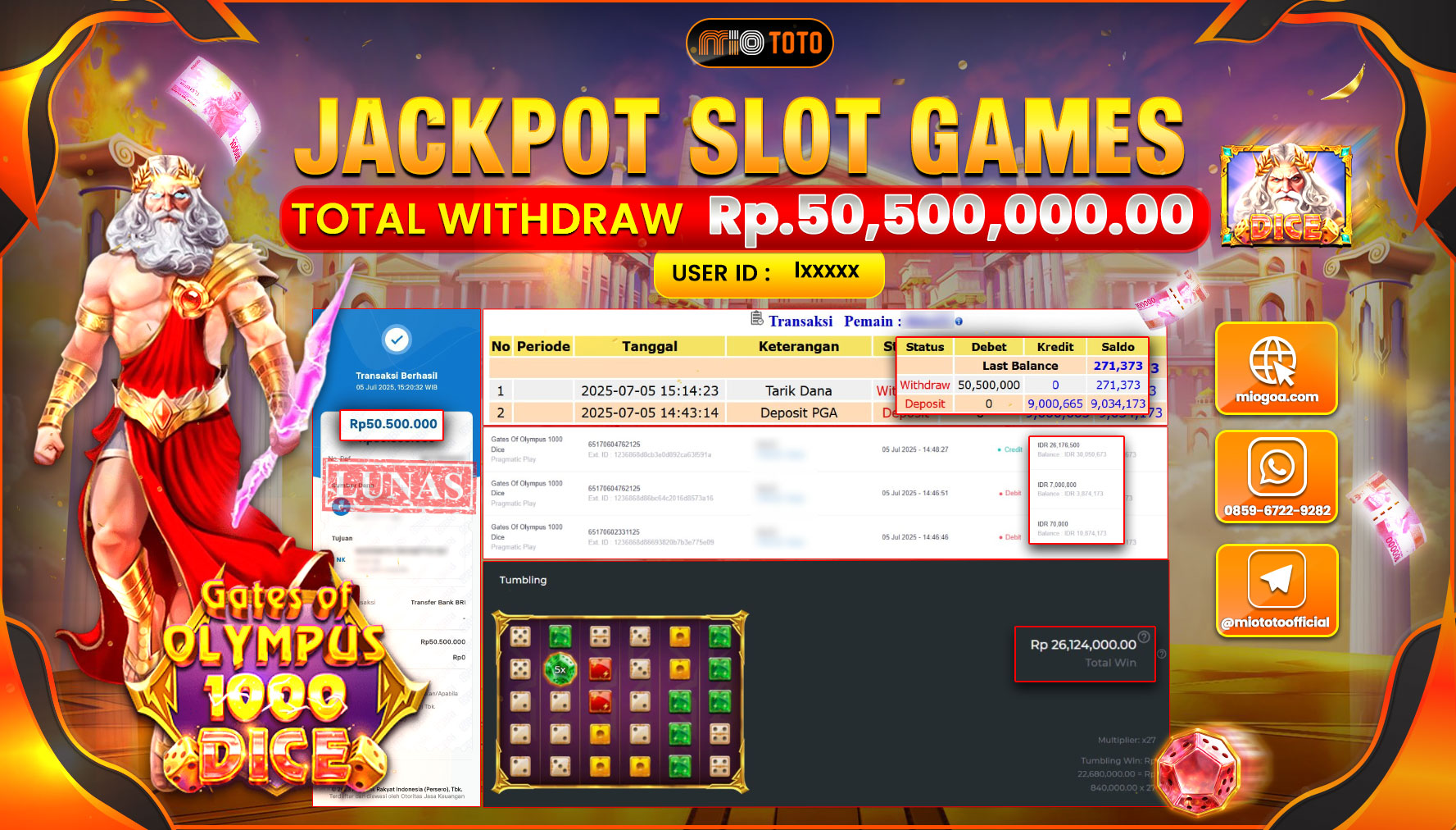 JACKPOT SLOT GATES OF OLYMPUS 1000 DICE Rp.50,500,000 DI BAYAR TUNAI !!!