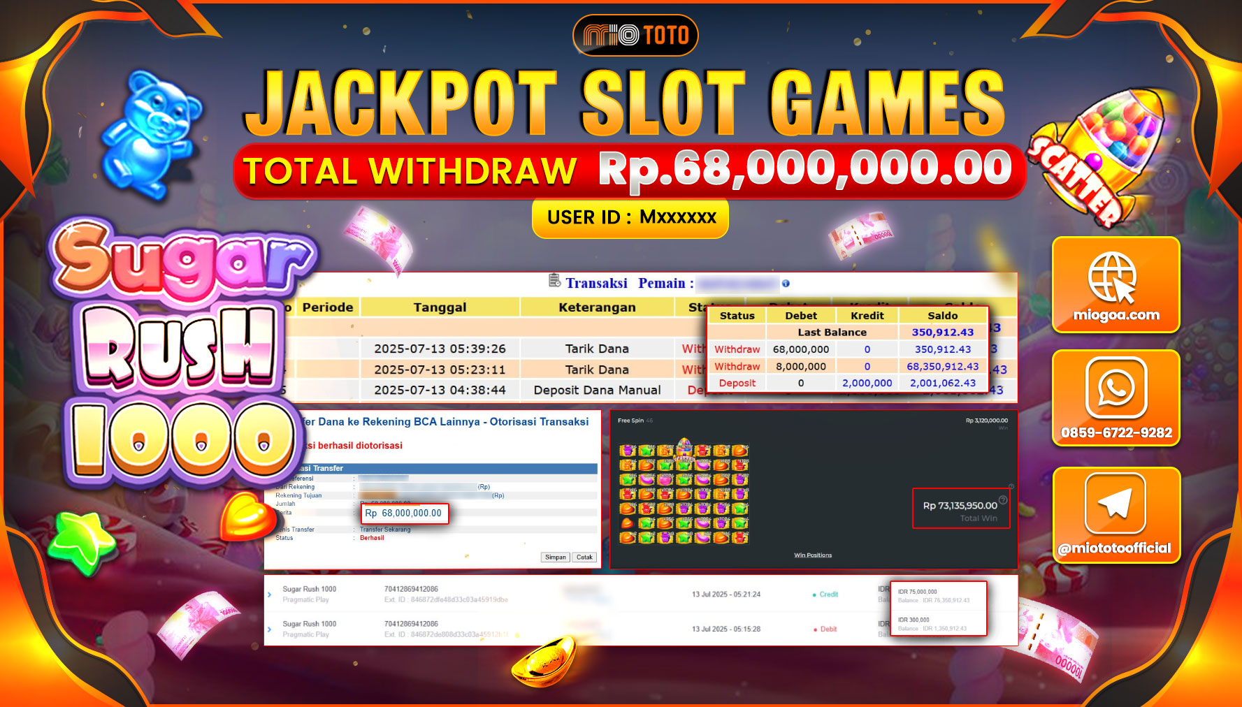 JACKPOT SLOT SUGAR RUSH 1000 Rp.68,000,000 DI BAYAR TUNAI !!!
