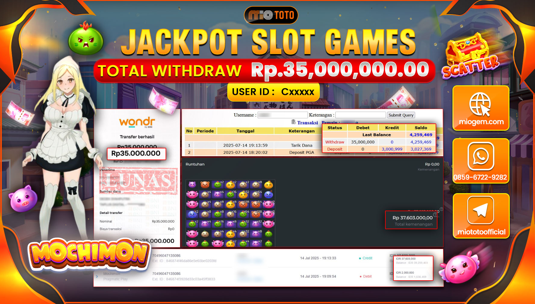 JACKPOT SLOT MOCHINMON Rp.35,000,000 DI BAYAR TUNAI !!!
