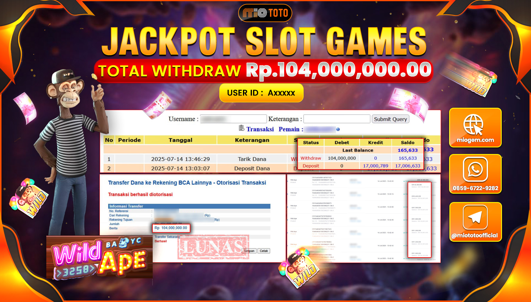JACKPOT SLOT WILD APE Rp.104,000,000 DI BAYAR TUNAI !!!