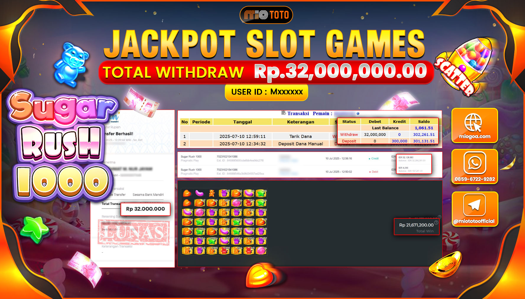 JACKPOT SLOT SUGAR RUSH 1000 Rp.32,000,000 DI BAYAR TUNAI !!!