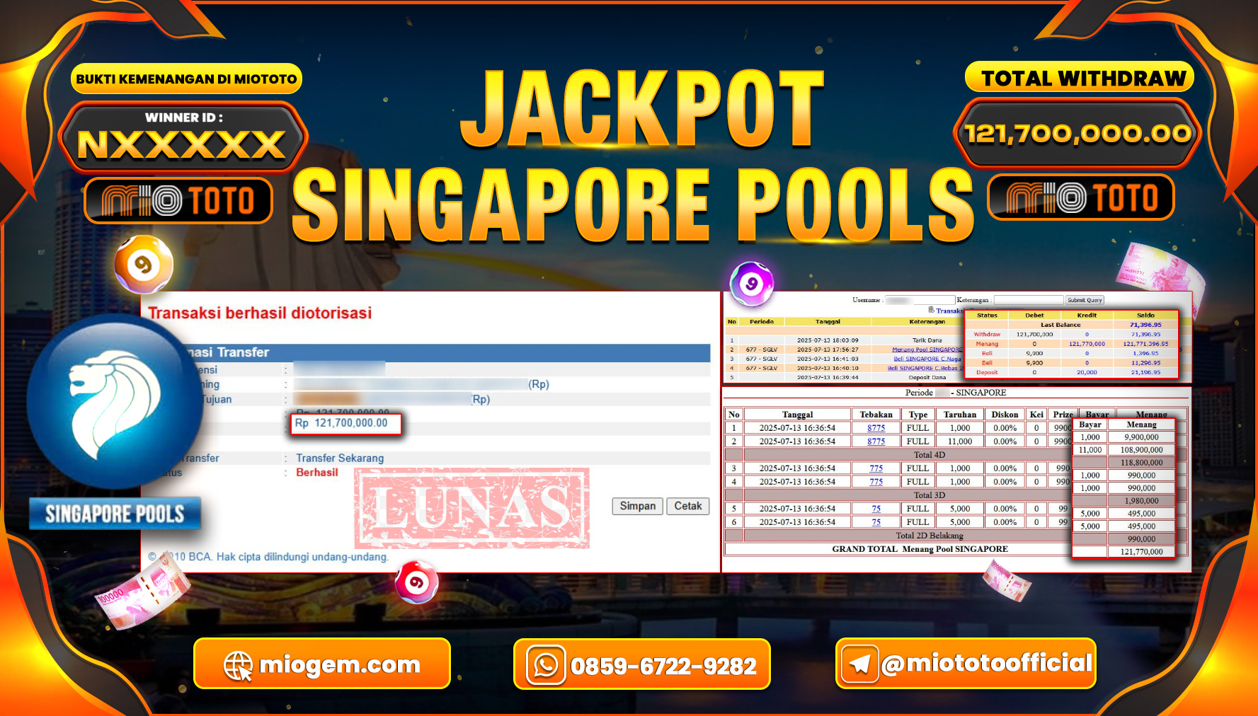 JACKPOT TOGEL SINGAPORE POOLS Rp.121,700,000 DI BAYAR TUNAI !!!