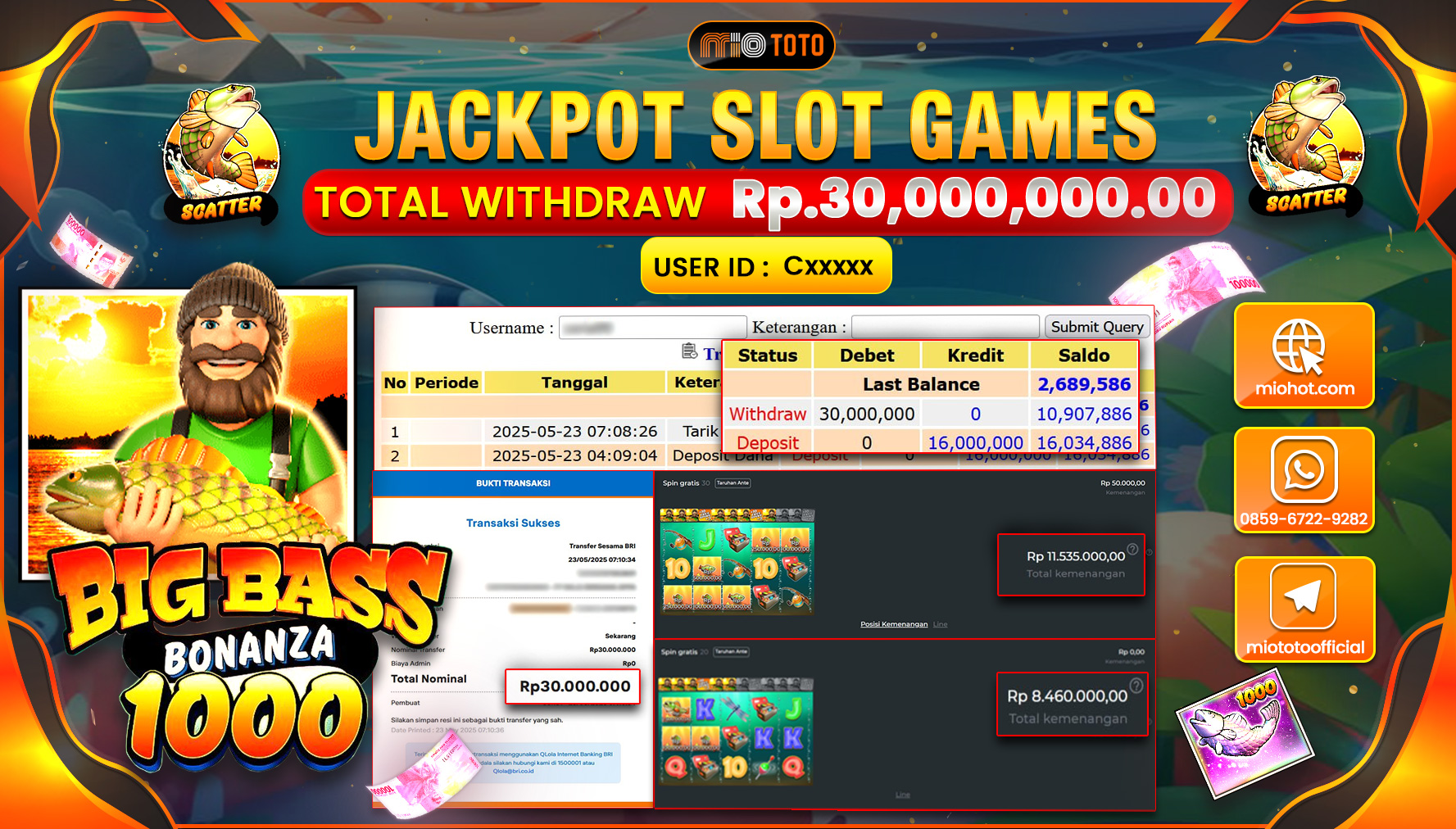 JACKPOT SLOT BIG BASS BONANZA 1000 Rp.30,000,000 DI BAYAR TUNAI !!!
