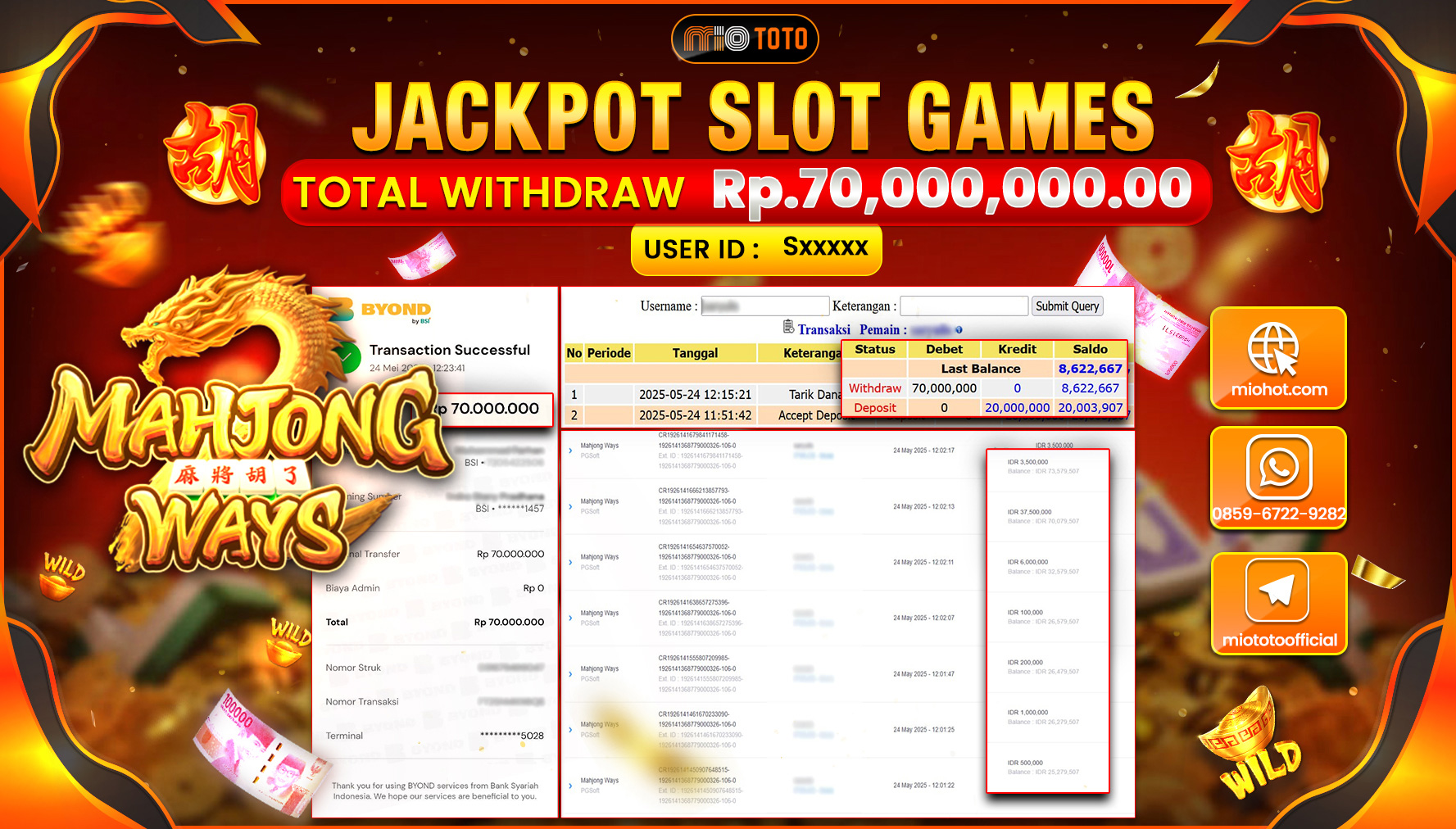 JACKPOT SLOT MAHJONG WAYS Rp.70,000,000 DI BAYAR TUNAI !!!