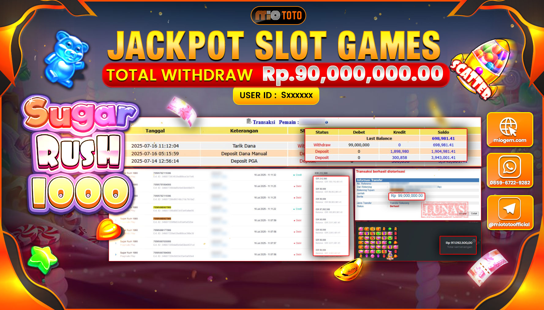 JACKPOT SLOT SUGAR RUSH 1000 Rp.90,000,000 DI BAYAR TUNAI !!!