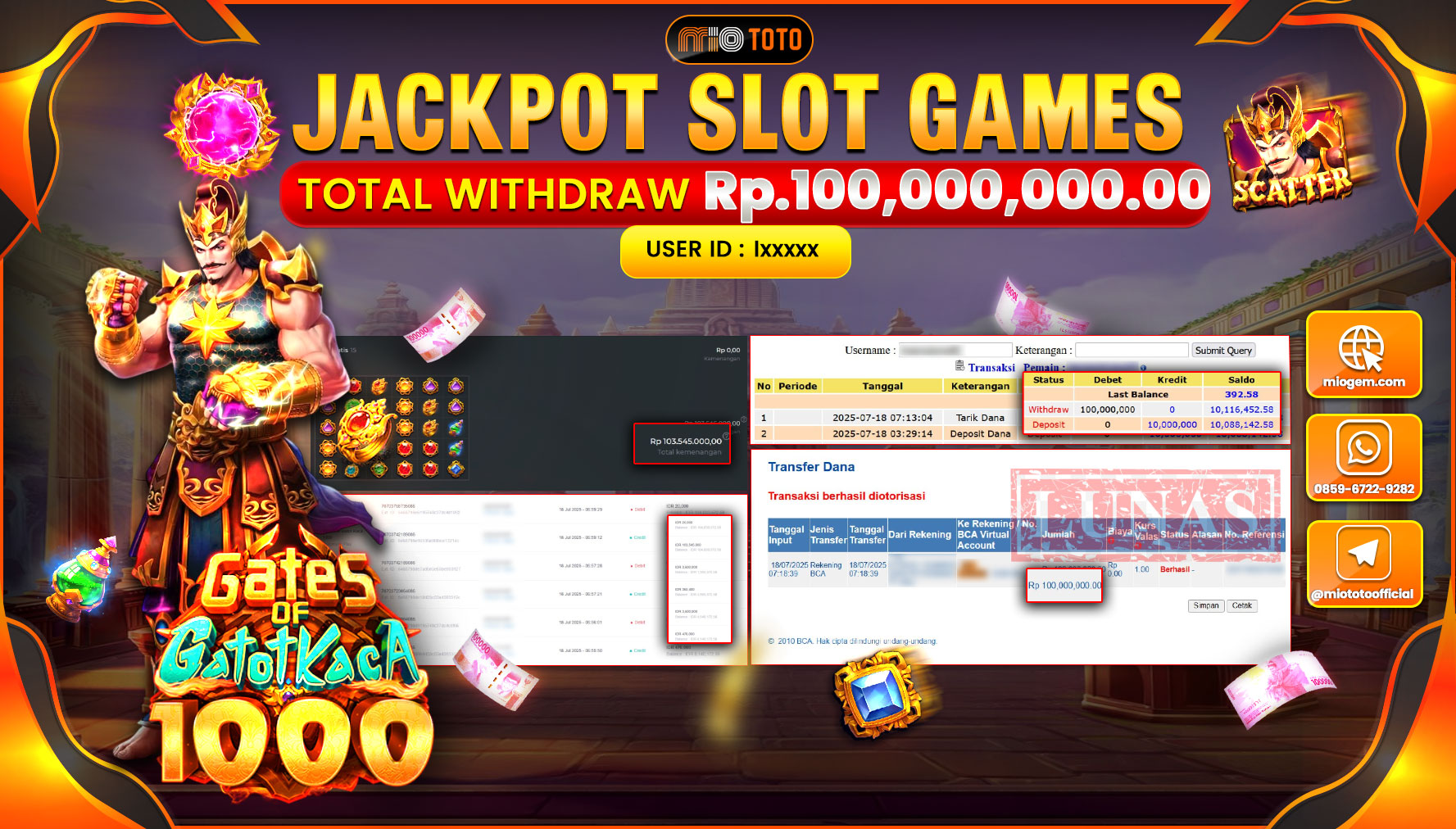 JACKPOT SLOT GATOT KACA 1000 Rp.100,000,000 DI BAYAR TUNAI !!!