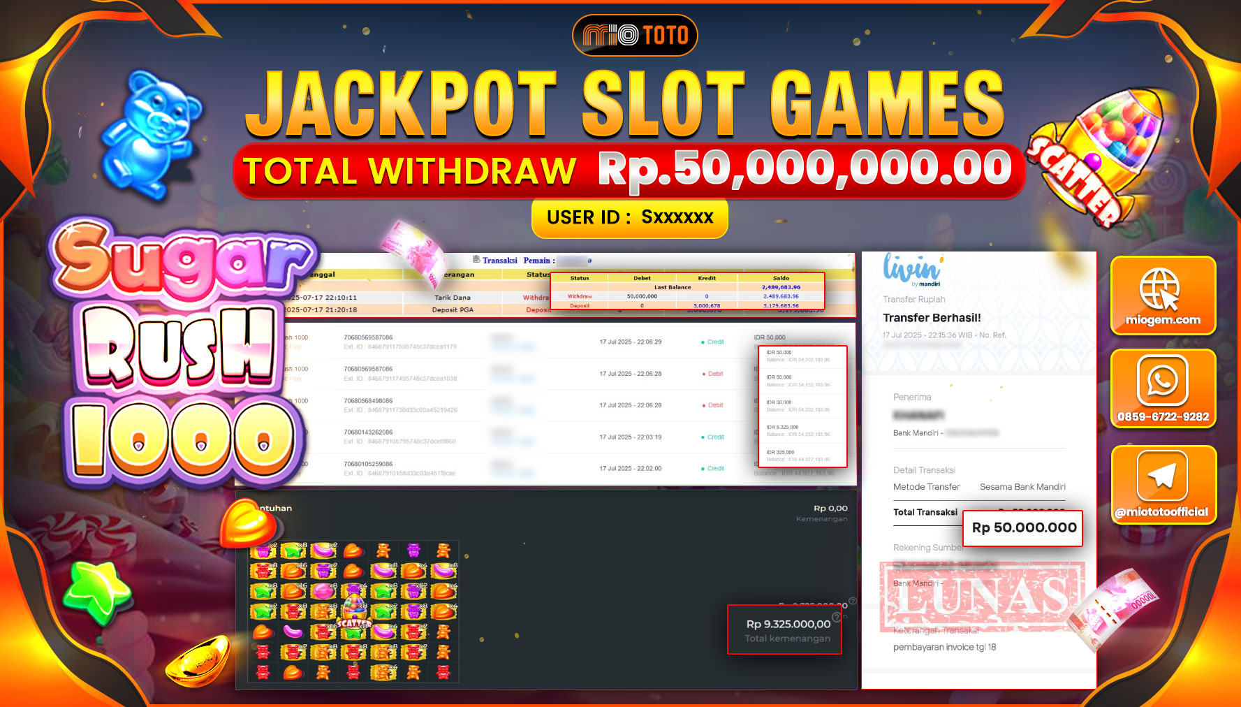 JACKPOT SLOT SUGAR RUSH 1000 Rp.50,000,000 DI BAYAR TUNAI !!!