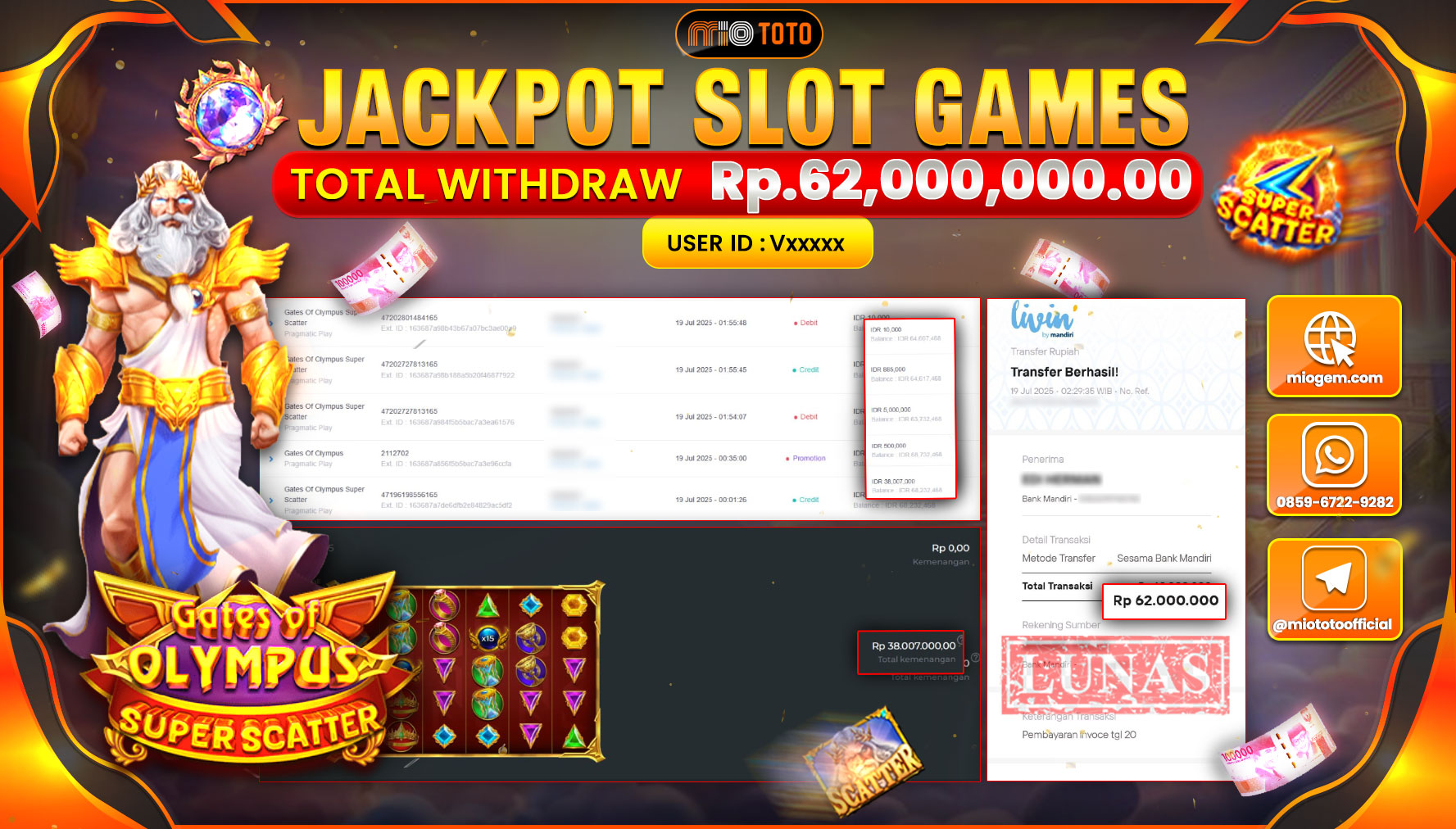 JACKPOT SLOT GATES OF OLYMPUS SUPER SCATTER Rp.62,000,000 DI BAYAR TUNAI !!!