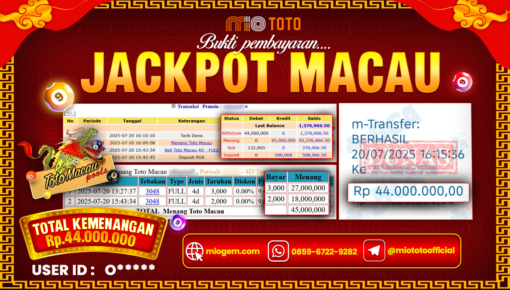 JACKPOT TOGEL TOTO MACAU 4D POOLS Rp.44,000,000 DI BAYAR TUNAI !!!