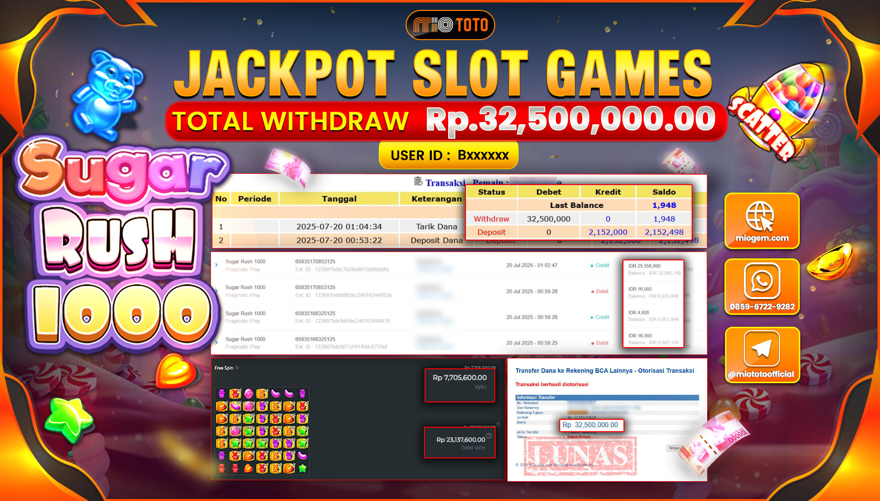 JACKPOT SLOT SUGAR RUSH 1000 Rp.32,500,000 DI BAYAR TUNAI !!!