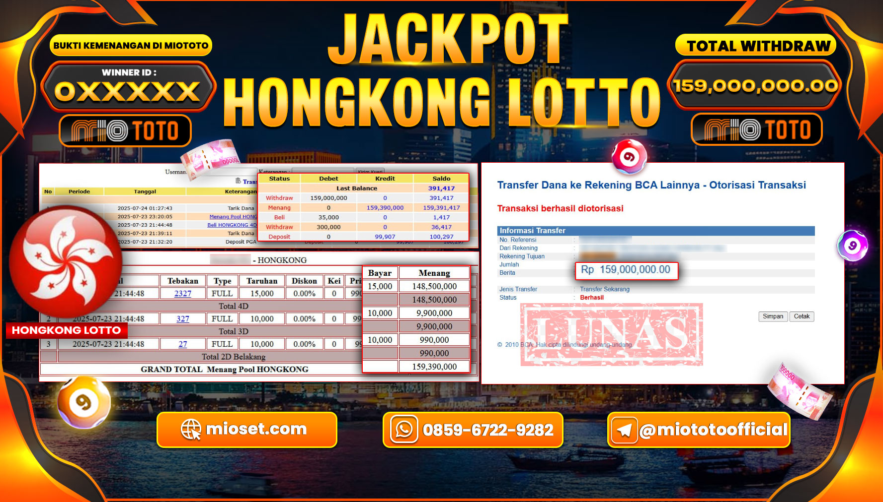 JACKPOT TOGEL HONGKONG LOTTO Rp.159,000,000 DI BAYAR TUNAI !!!