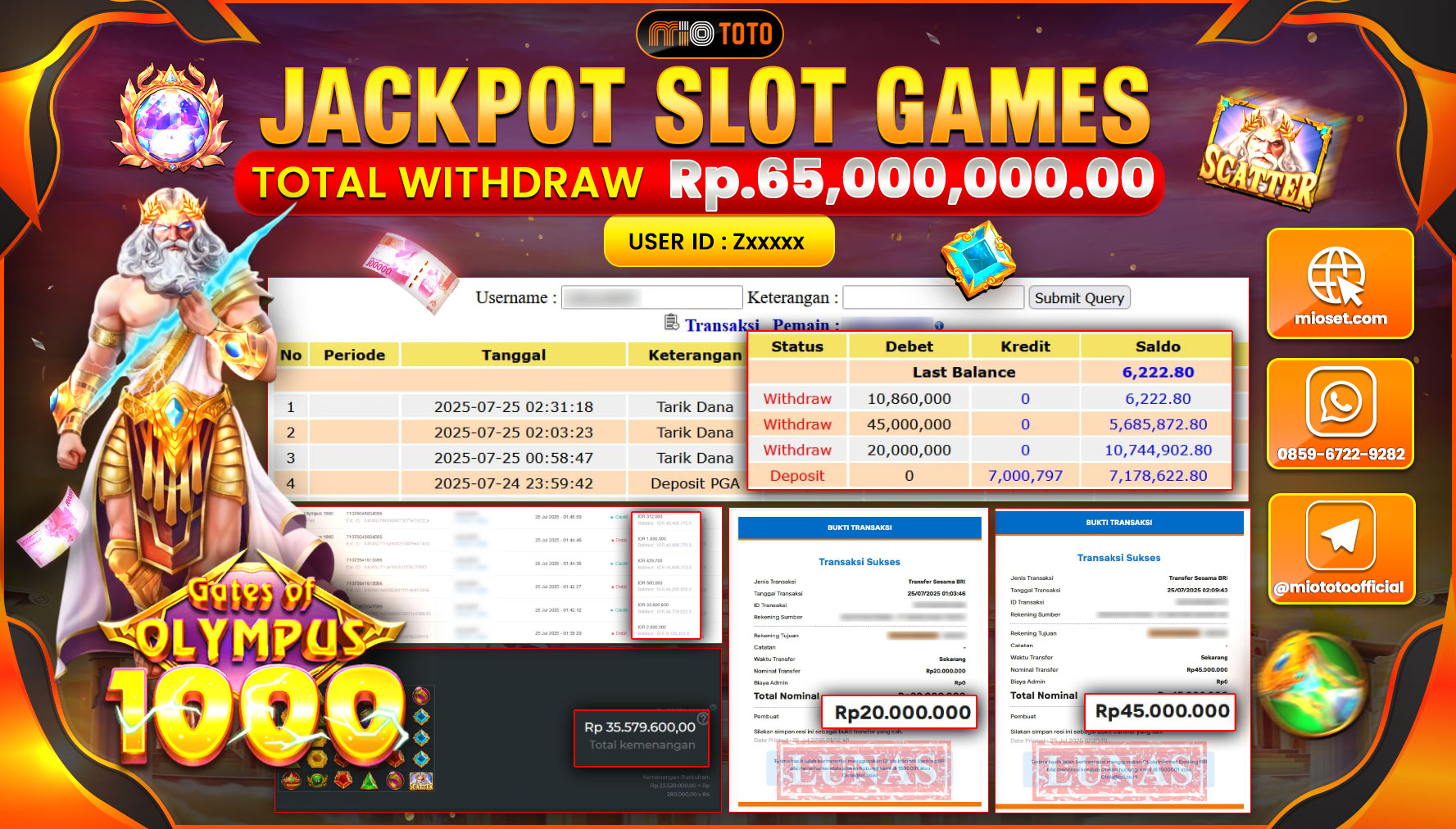 JACKPOT SLOT GATES OF OLYMPUS 1000 Rp.65,000,000 DI BAYAR TUNAI !!!