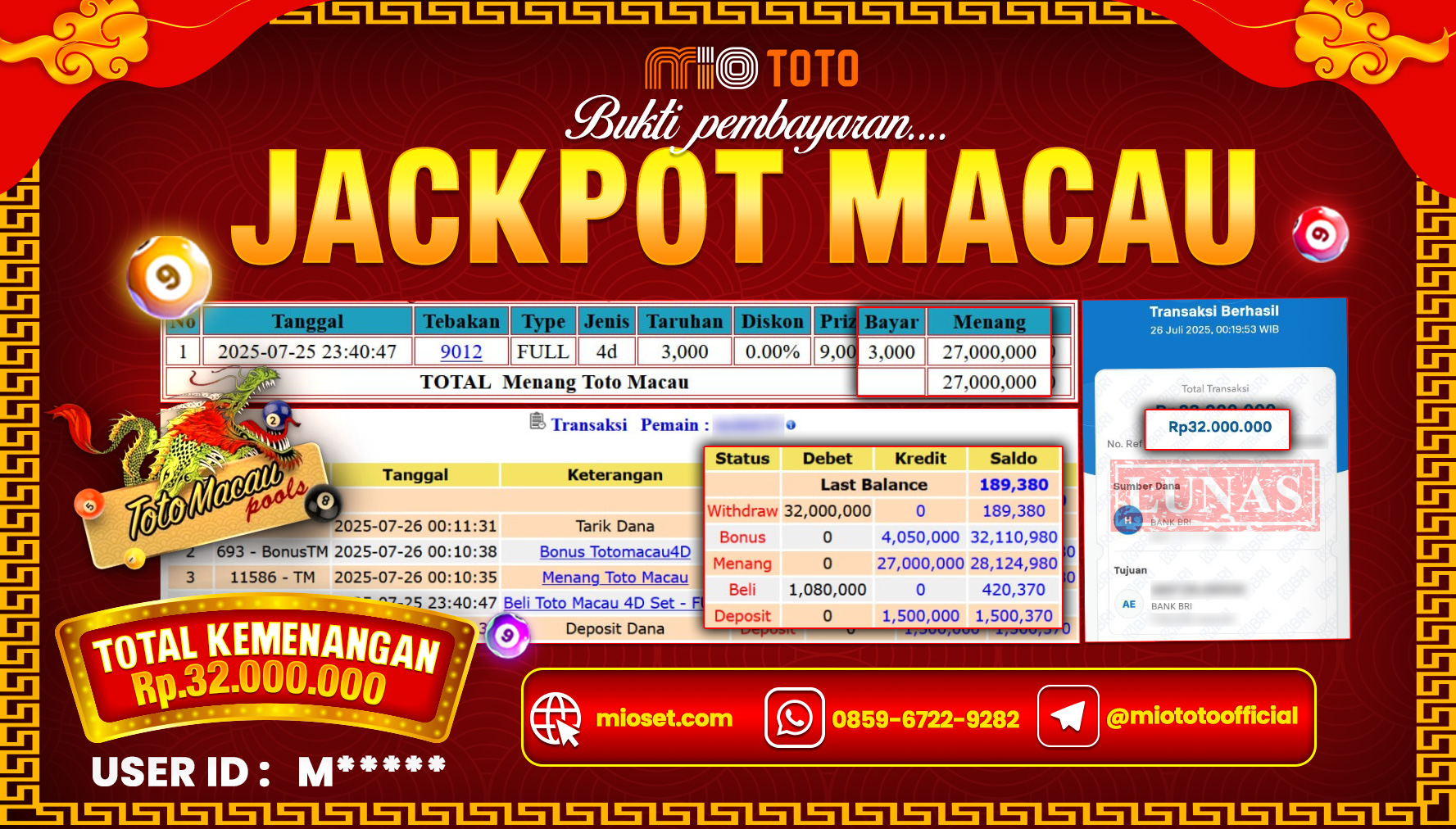JACKPOT TOGEL TOTO MACAU 4D POOLS Rp.32,000,000 DI BAYAR TUNAI !!!