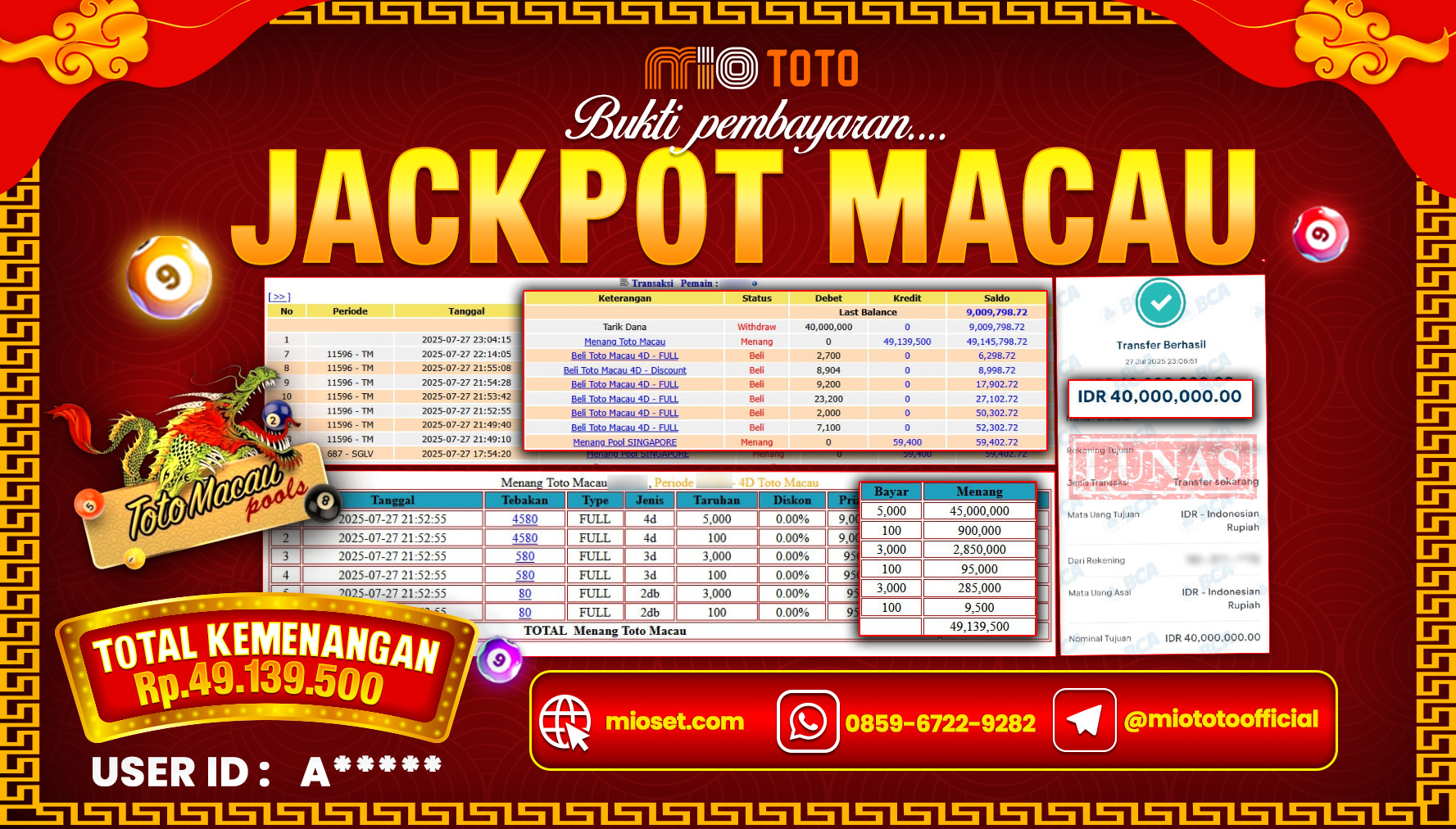 JACKPOT TOGEL TOTO MACAU 4D POOLS Rp.49,139,500 DI BAYAR TUNAI !!!