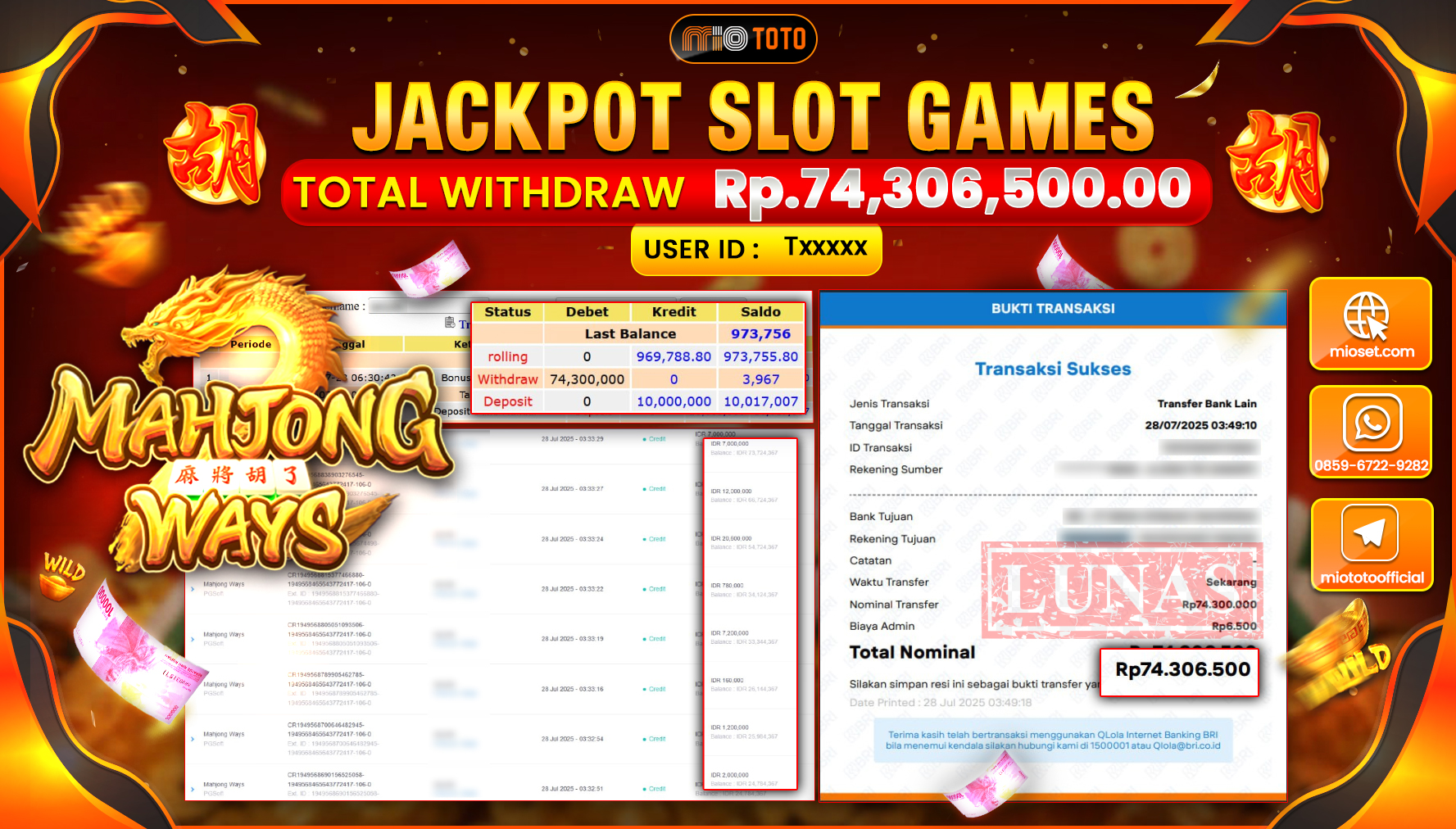 JACKPOT SLOT MAHJONG WAYS Rp.74,306,500 DI BAYAR TUNAI !!!