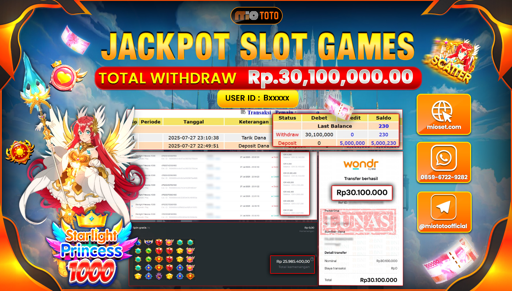 JACKPOT SLOT STARLIGHT PRINCESS 1000 Rp.30,100,000 DI BAYAR TUNAI !!!