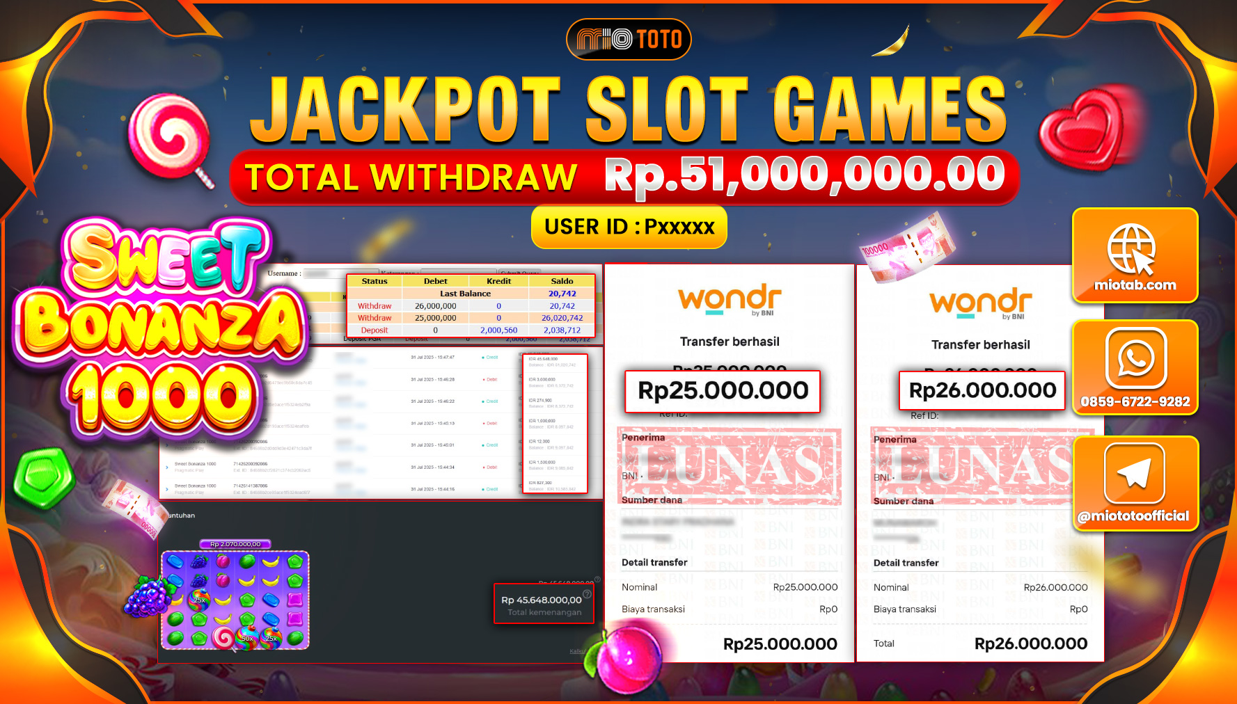 JACKPOT SLOT SWEET BONANZA 1000 Rp.51,000,000 DI BAYAR TUNAI !!!