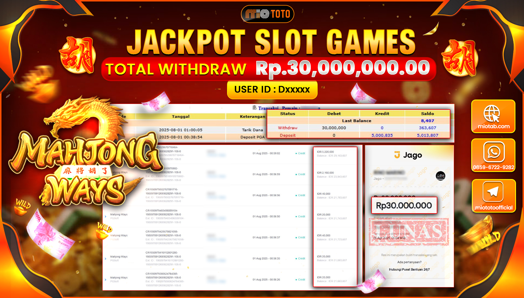 JACKPOT SLOT MAHJONG WAYS Rp.30,000,000 DI BAYAR TUNAI !!!