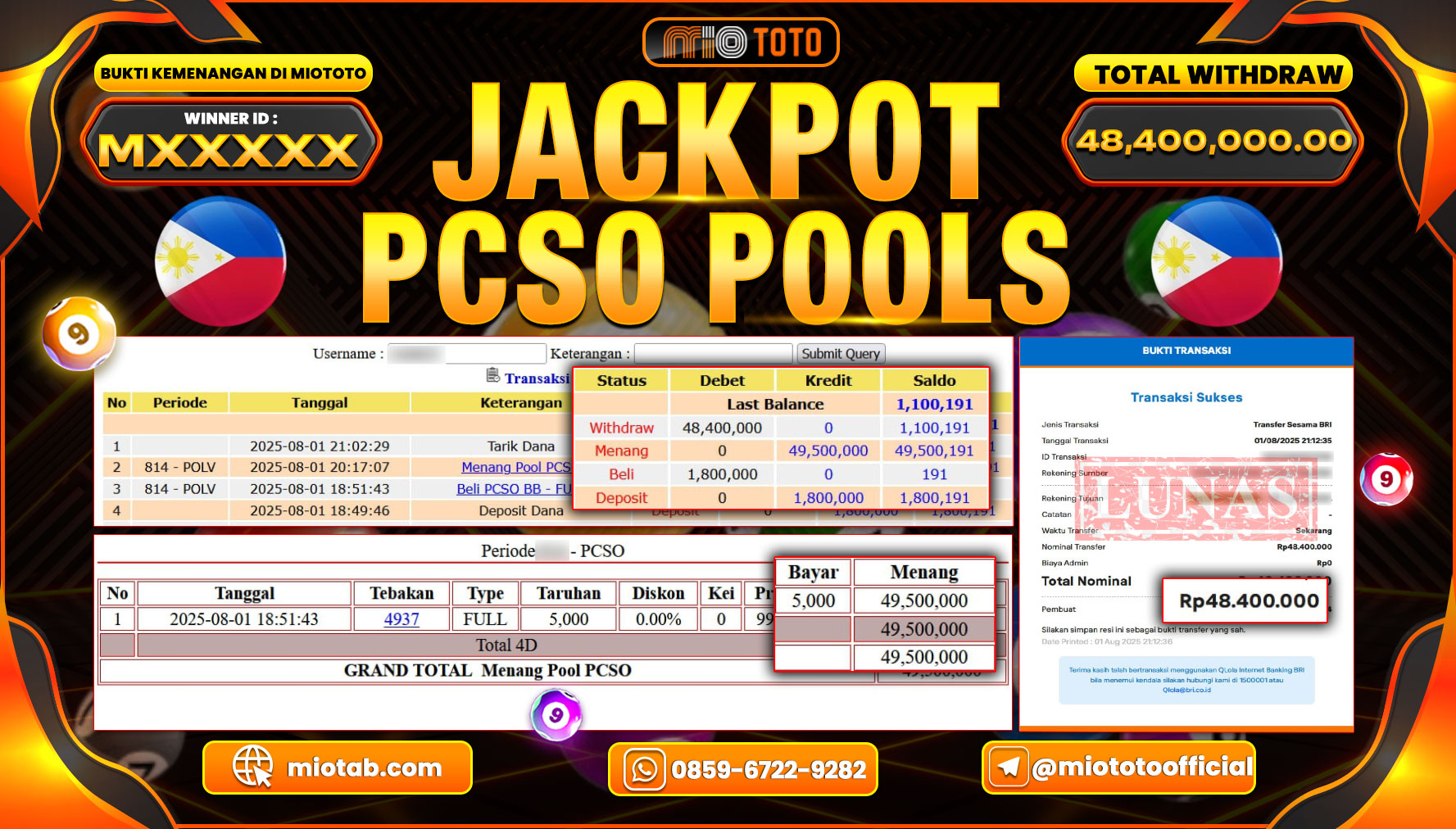 JACKPOT TOGEL PCSO POOLS Rp.48,400,000 DI BAYAR TUNAI !!!