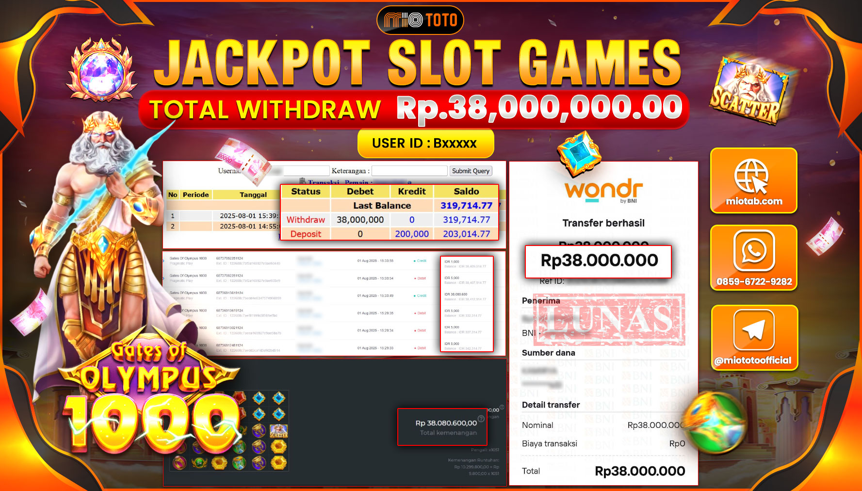 JACKPOT SLOT GATES OF OLYMPUS 1000 Rp.38,000,000 DI BAYAR TUNAI !!!